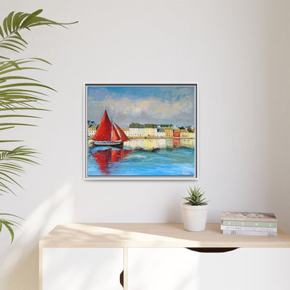 Galway Hooker Leaving Port wall art featuring a Galway Hooker boat sailing in a coastal scene, printed on high-quality canvas with a premium frame.