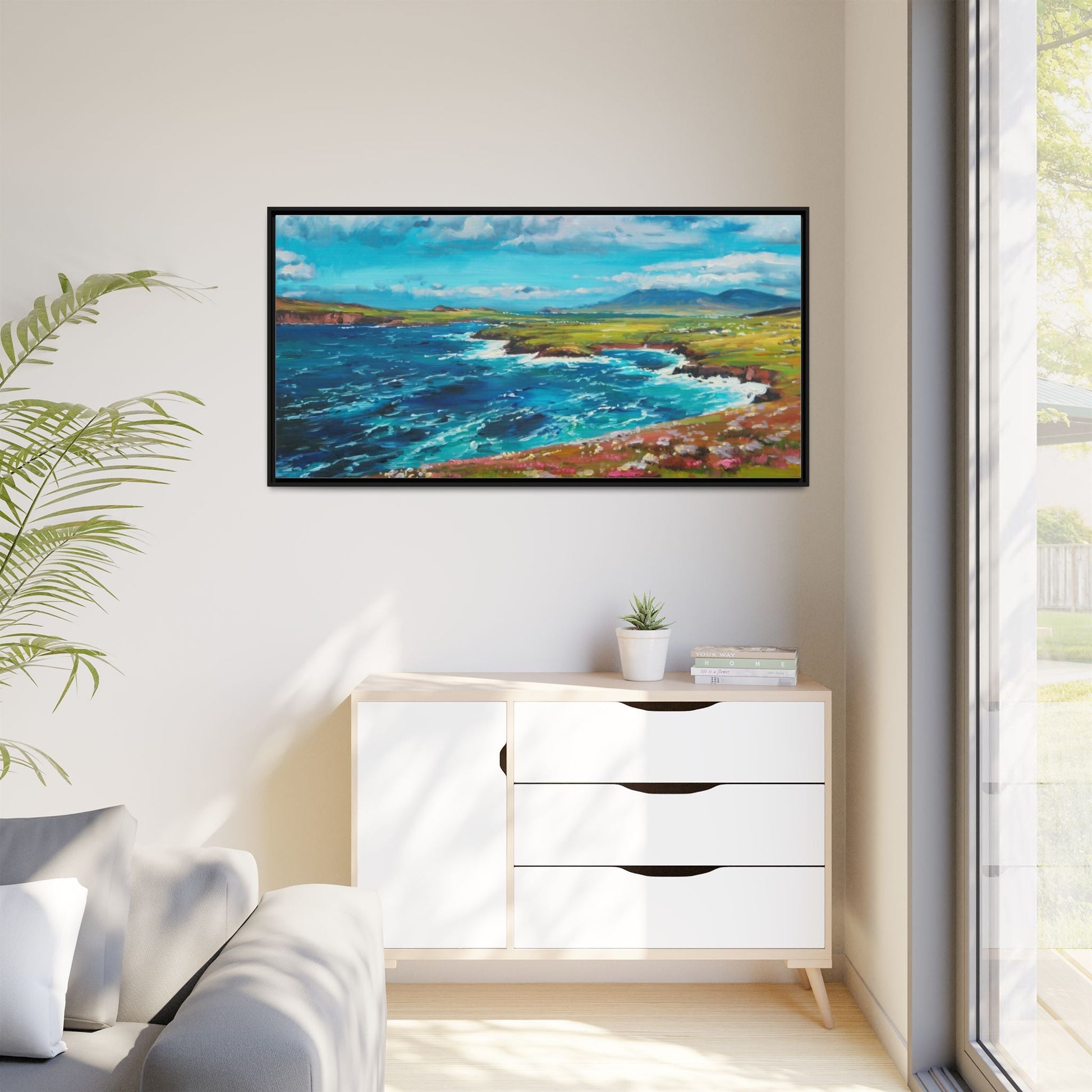 Dingle Peninsula wall art featuring a scenic view of Ireland's rugged coastline, printed on high-quality canvas with a premium frame.