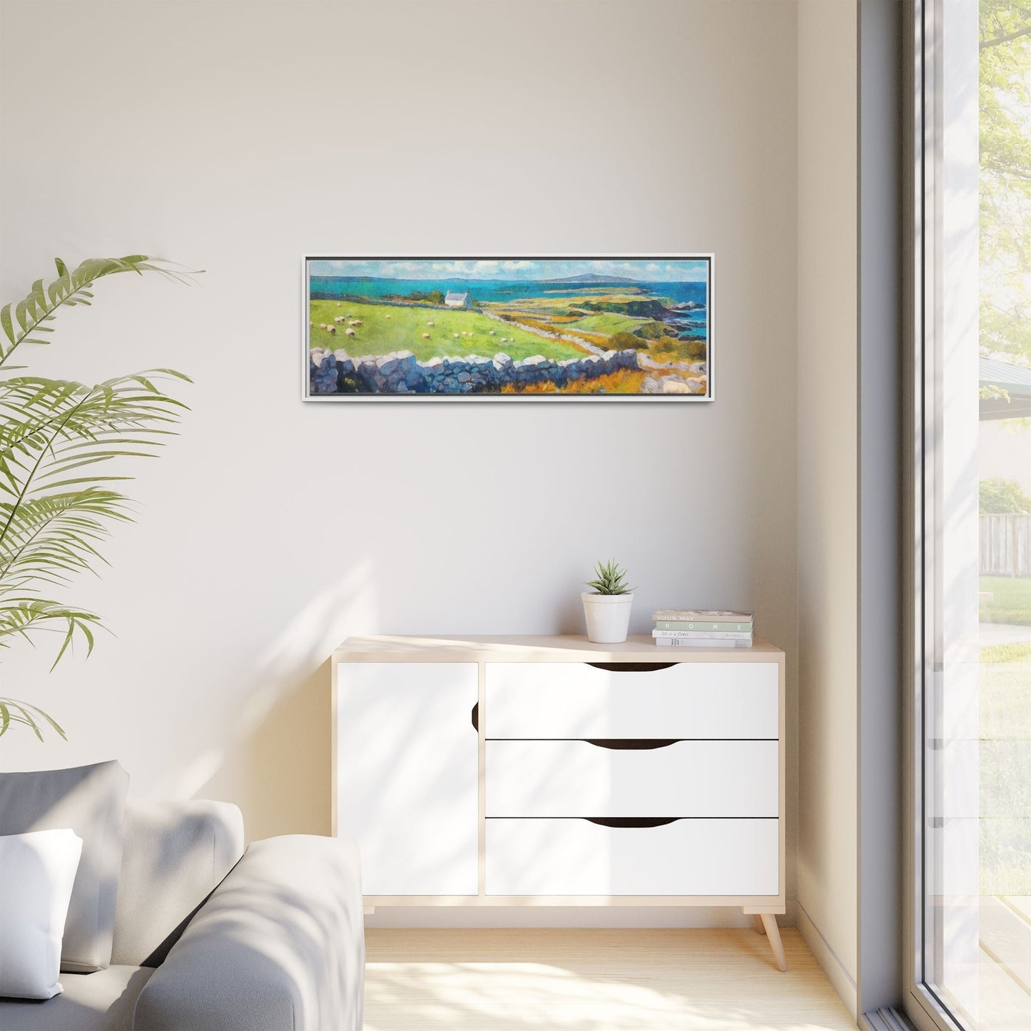 Far Flung Shores W.COL wall art featuring a serene coastal landscape, printed on high-quality canvas with a premium pinewood frame.