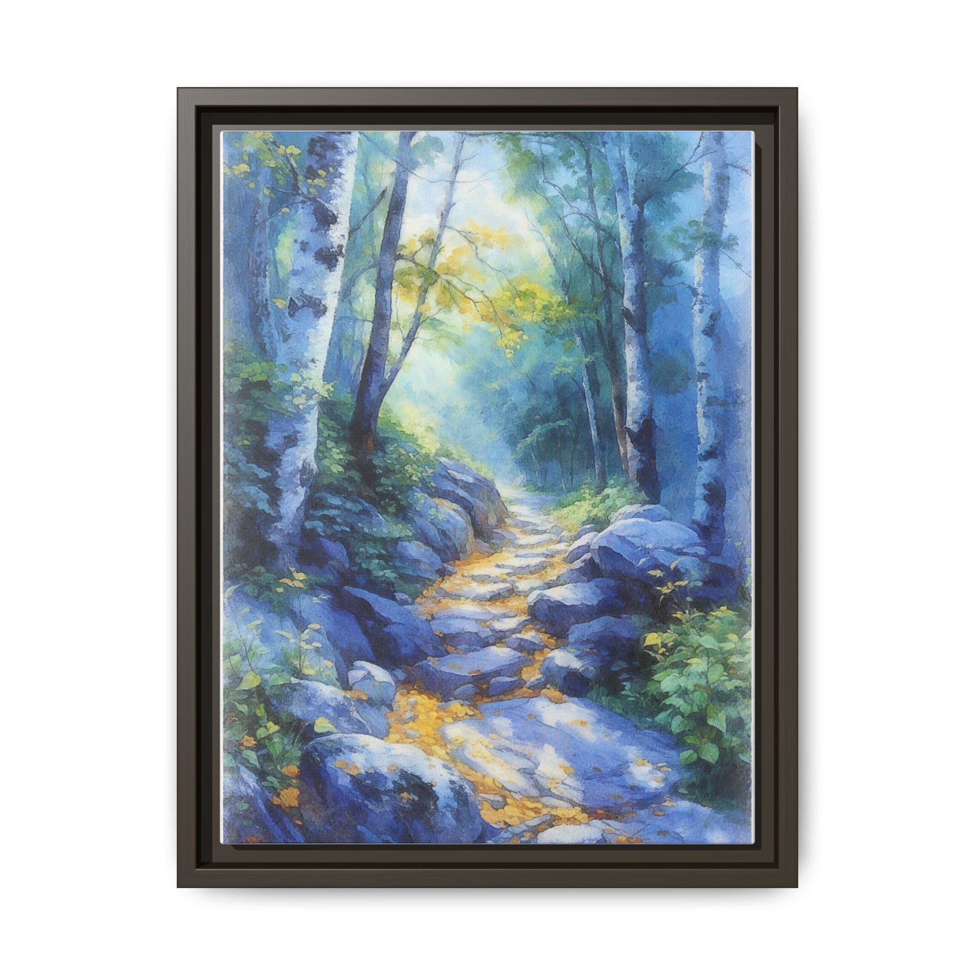 Blue Forest Path II wall art featuring a tranquil forest scene with a serene blue-toned path, printed on high-quality canvas for timeless décor.