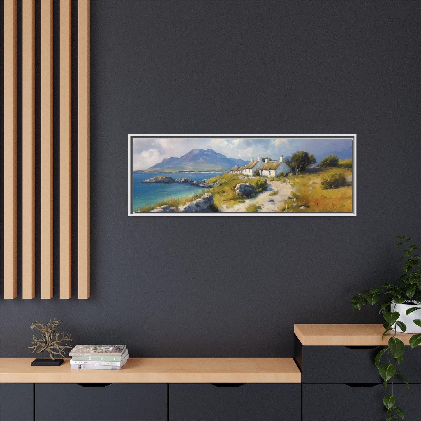 Blustery Day wall art featuring a dramatic wind-swept landscape in a pinewood frame.