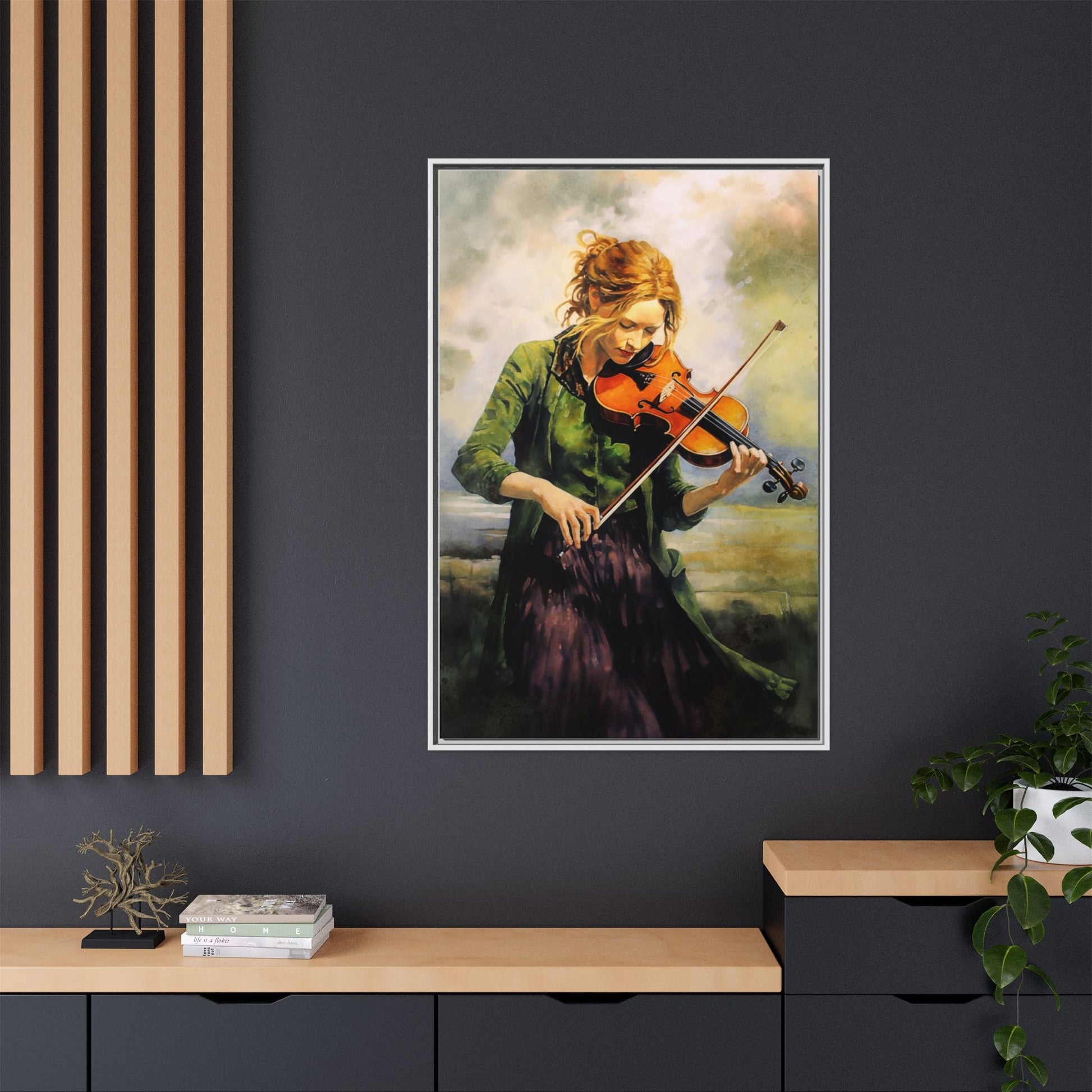 Young Girl with Fiddle wall art featuring a young musician playing the fiddle, printed on high-quality canvas for timeless and elegant décor.