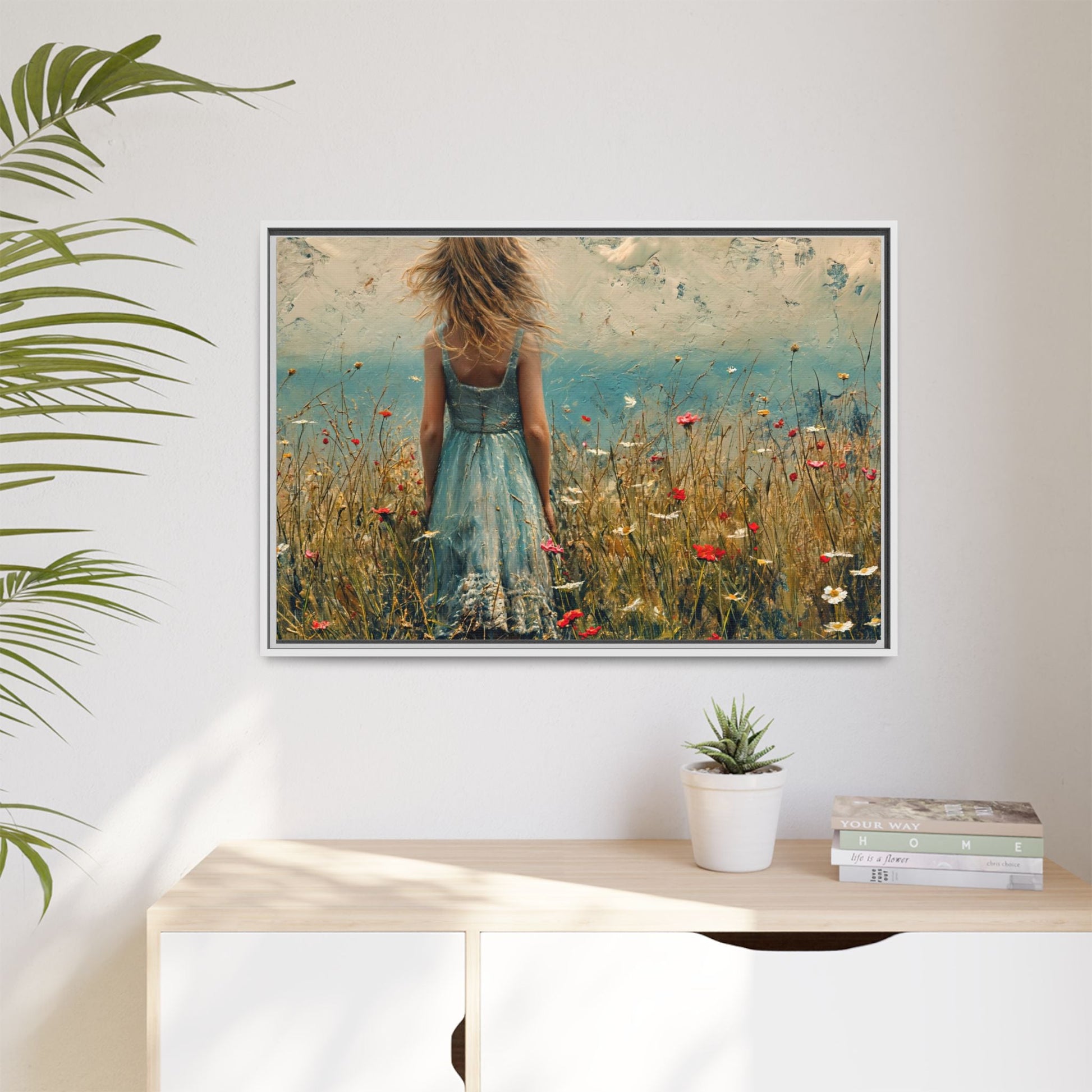 Young Girl Looking Out To Sea wall art, featuring a peaceful ocean view and a young girl in contemplation, printed on high-quality canvas for timeless décor.