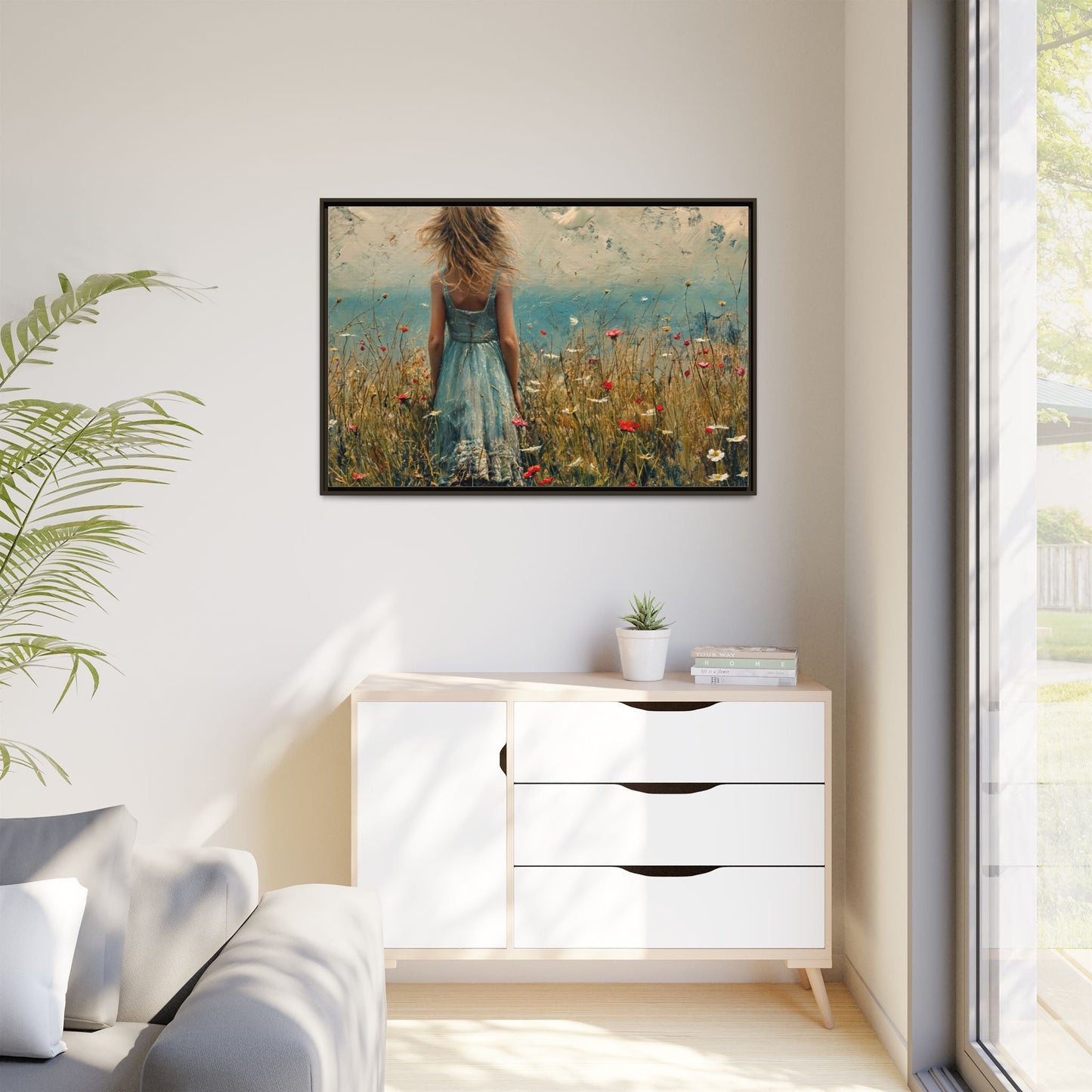 Young Girl Looking Out To Sea wall art, featuring a peaceful ocean view and a young girl in contemplation, printed on high-quality canvas for timeless décor.