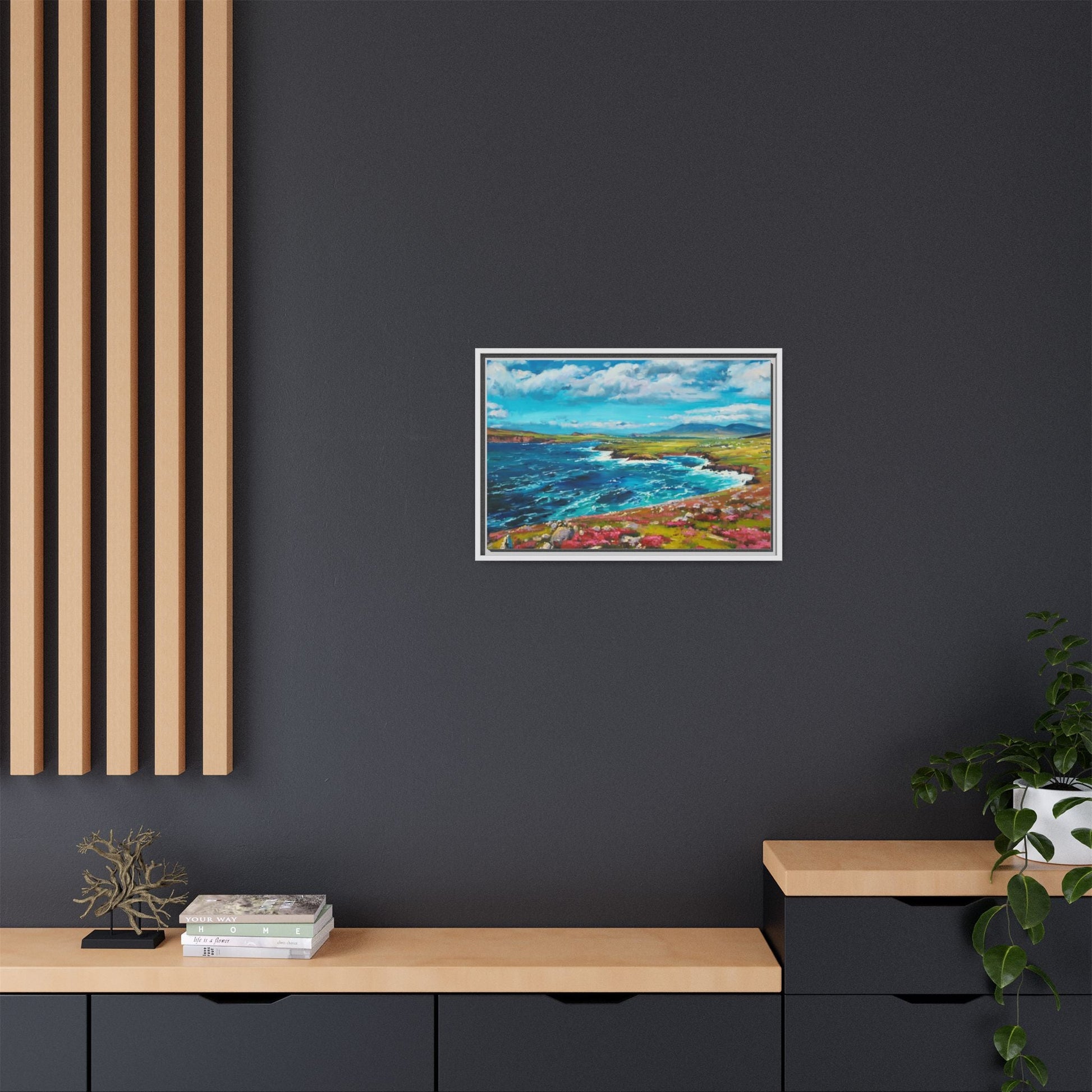 Dingle Peninsula wall art featuring a scenic view of Ireland's rugged coastline, printed on high-quality canvas with a premium frame.