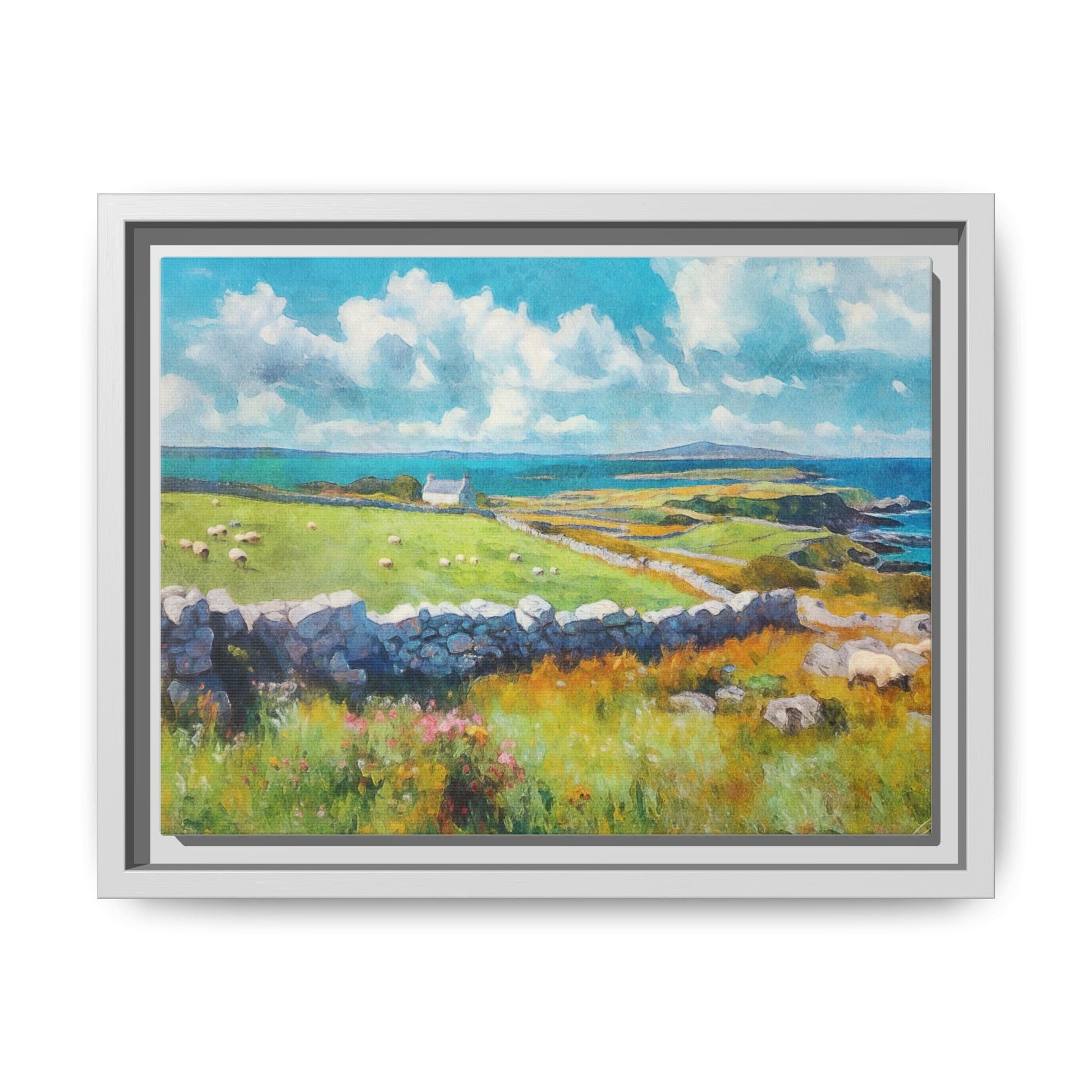 Far Flung Shores W.COL wall art featuring a serene coastal landscape, printed on high-quality canvas with a premium pinewood frame.