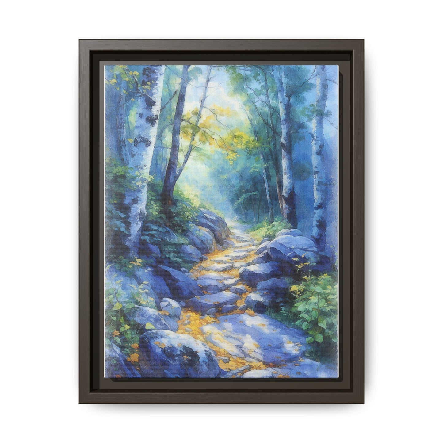 Blue Forest Path II wall art featuring a tranquil forest scene with a serene blue-toned path, printed on high-quality canvas for timeless décor.