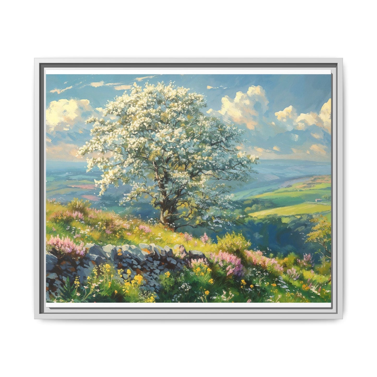 Whitethorn in Bloom wall art featuring a vibrant scene of blooming whitethorn trees, printed on high-quality canvas for a natural and timeless décor.