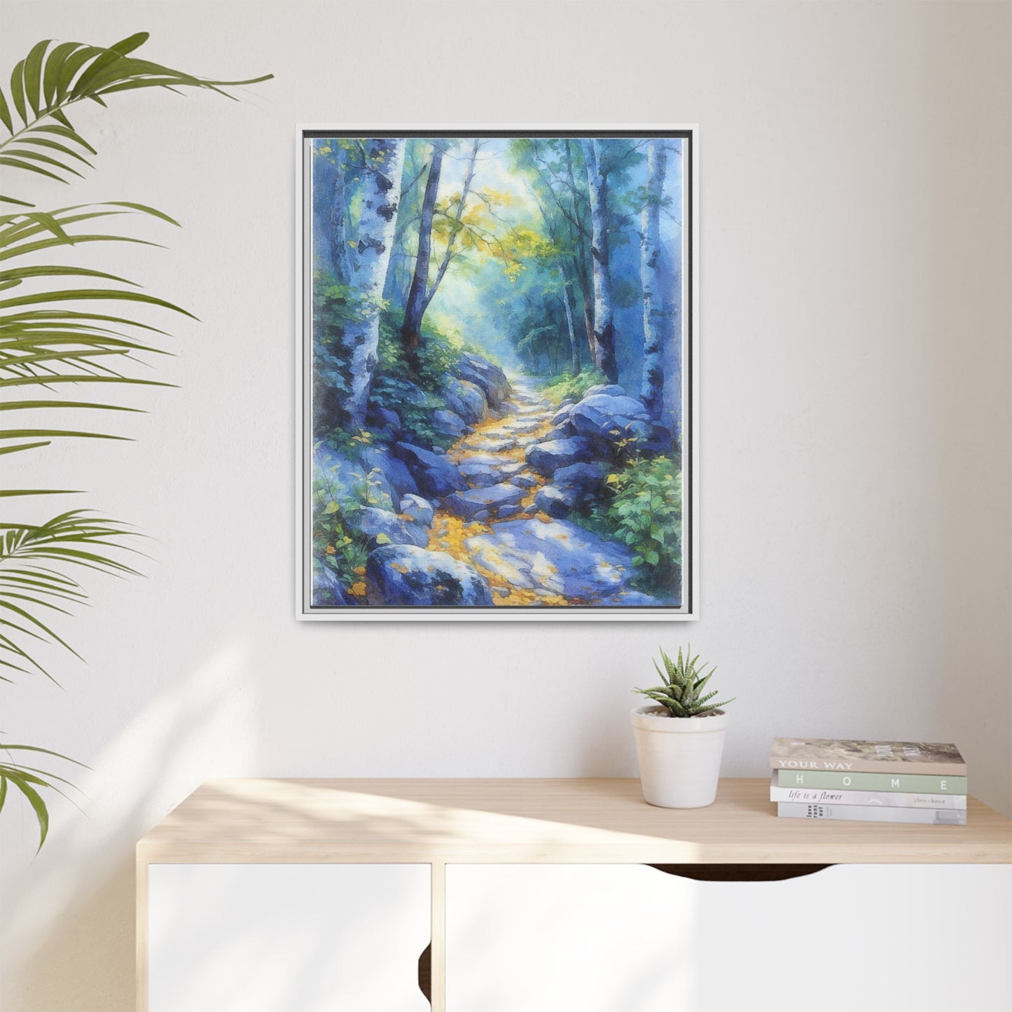 Blue Forest Path II wall art featuring a tranquil forest scene with a serene blue-toned path, printed on high-quality canvas for timeless décor.