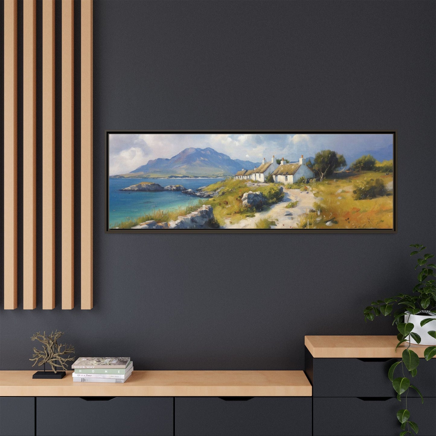 Blustery Day wall art featuring a dramatic wind-swept landscape in a pinewood frame.