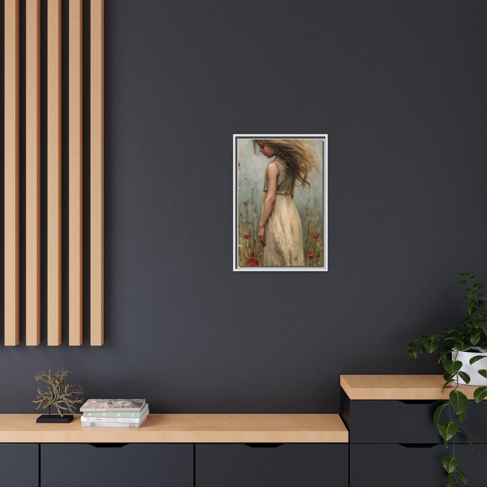 Young Girl In Flowers – Elegant pinewood-framed wall art featuring a high-quality cotton-polyester canvas with vibrant colors and a timeless design.