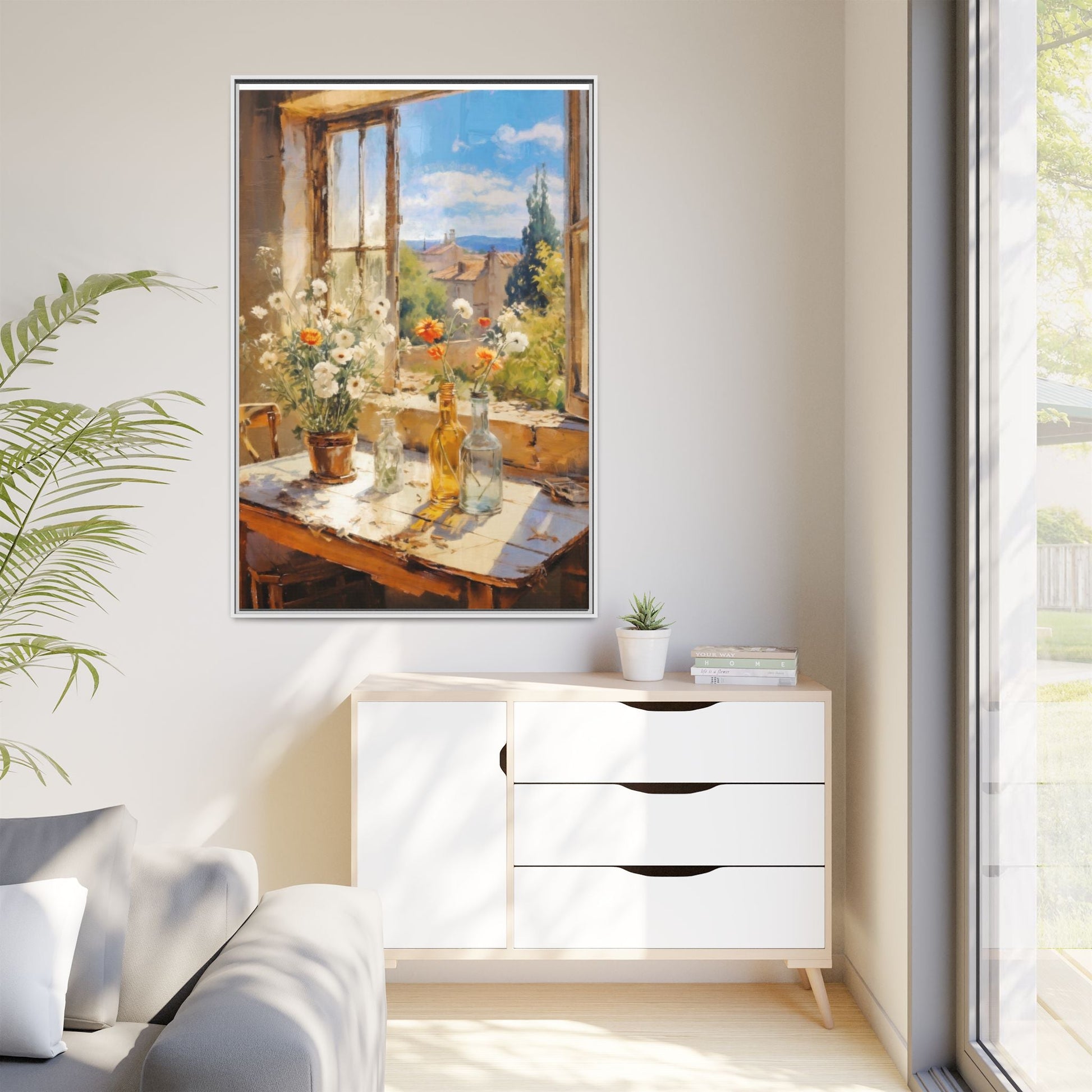 Summer Window – Elegant pinewood-framed wall art featuring a high-quality cotton-polyester canvas with vibrant colors and a timeless design.