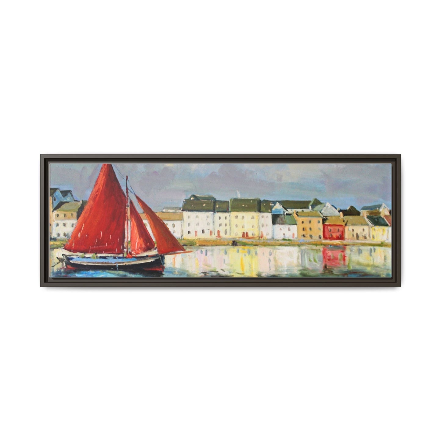 Galway Hooker Leaving Port wall art featuring a Galway Hooker boat sailing in a coastal scene, printed on high-quality canvas with a premium frame.