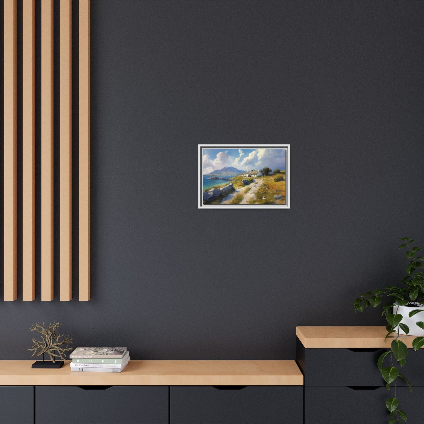 Blustery Day wall art featuring a dramatic wind-swept landscape in a pinewood frame.