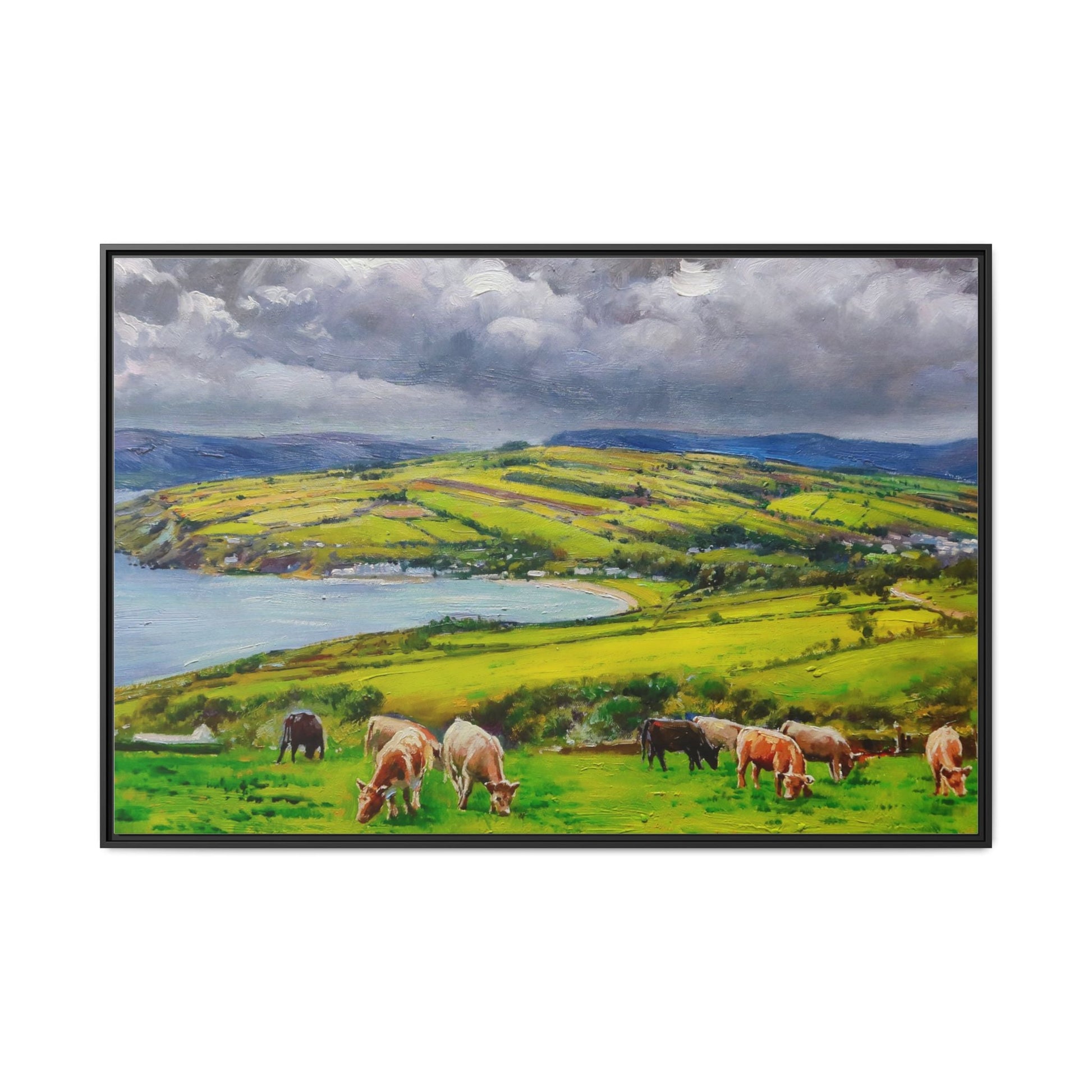 Cushendun Hills wall art showcasing rolling hills and scenic Irish landscapes, framed in high-quality materials for an elegant look.