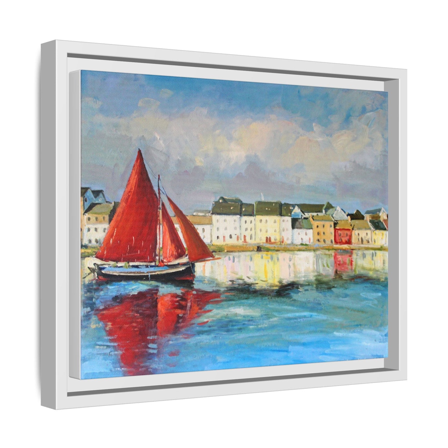 Galway Hooker Leaving Port wall art featuring a Galway Hooker boat sailing in a coastal scene, printed on high-quality canvas with a premium frame.