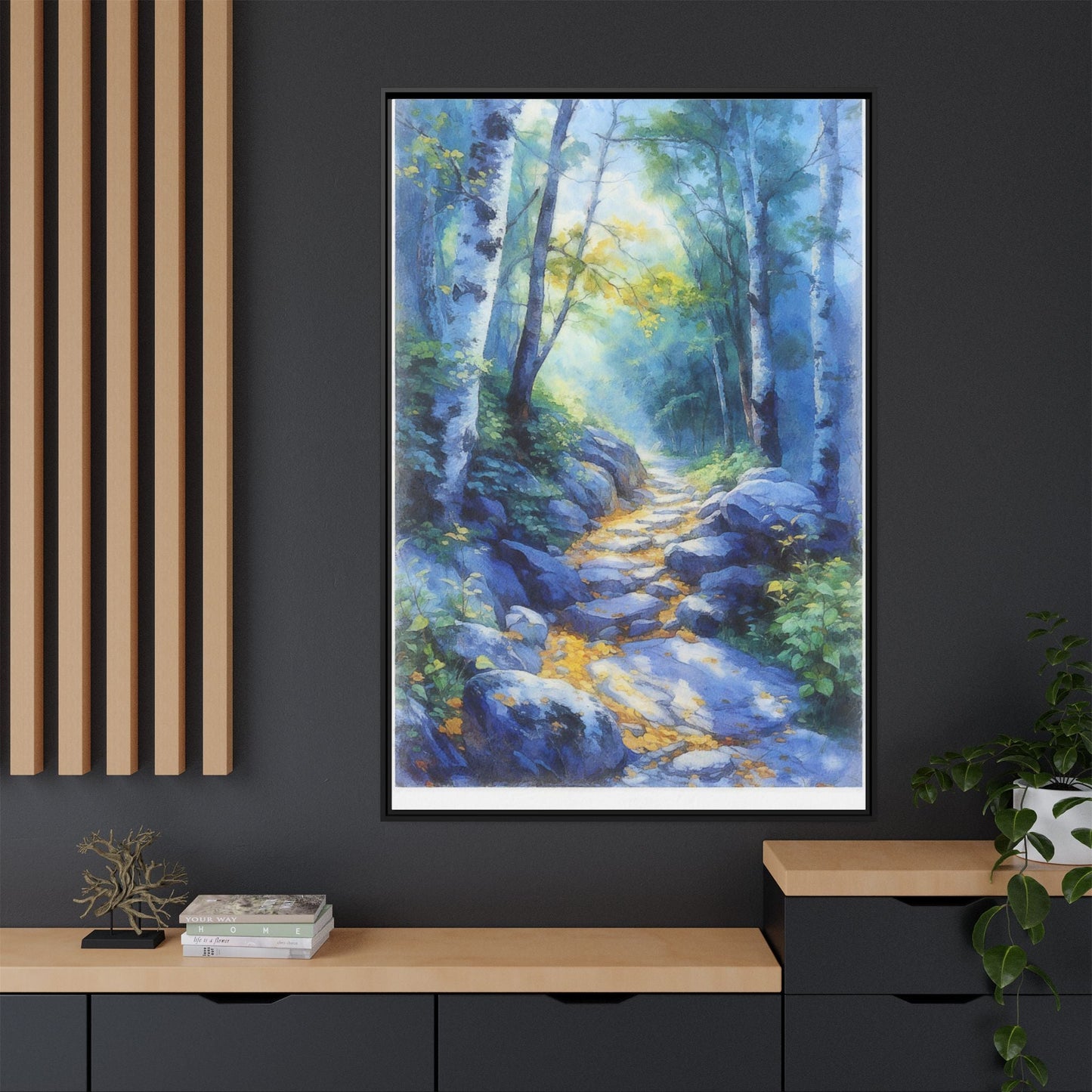 Blue Forest Path II wall art featuring a tranquil forest scene with a serene blue-toned path, printed on high-quality canvas for timeless décor.