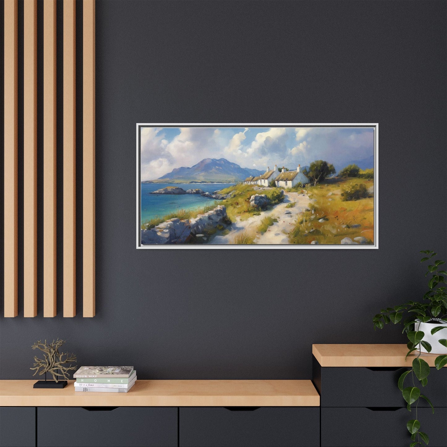 Blustery Day wall art featuring a dramatic wind-swept landscape in a pinewood frame.