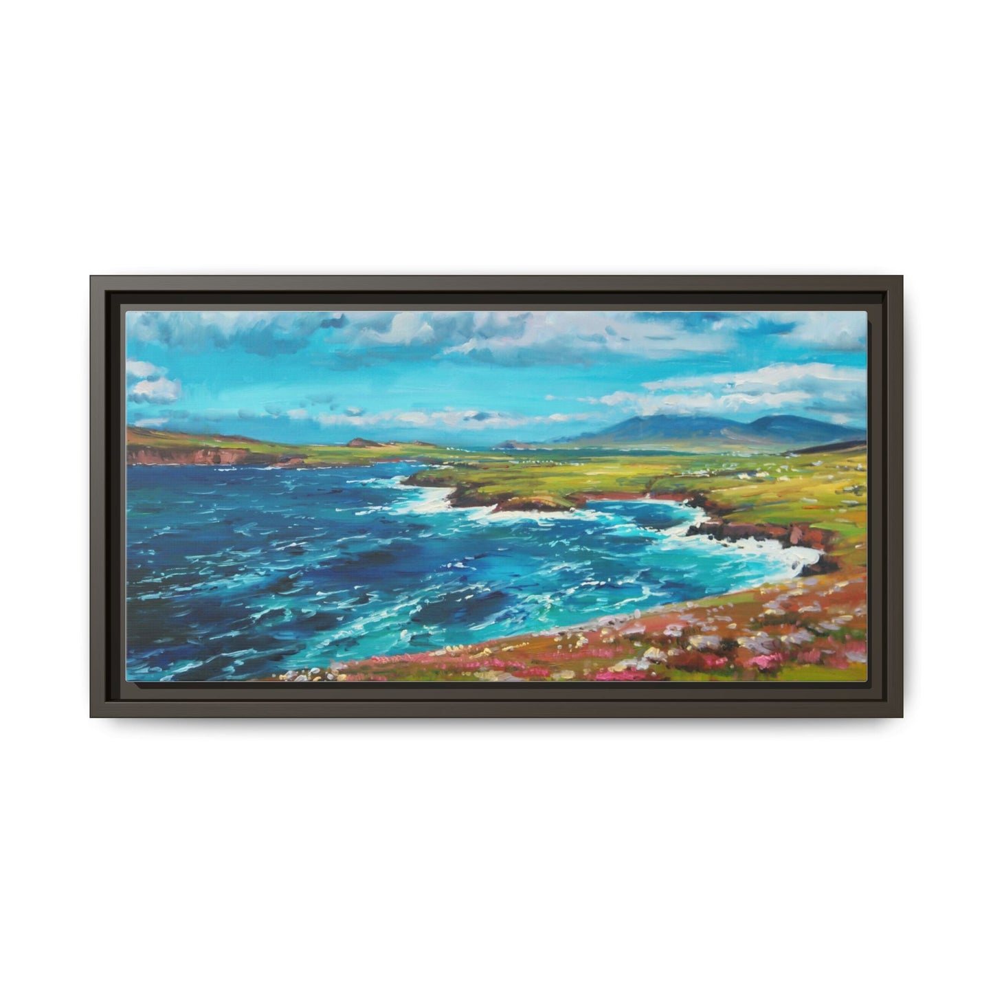 Dingle Peninsula wall art featuring a scenic view of Ireland's rugged coastline, printed on high-quality canvas with a premium frame.