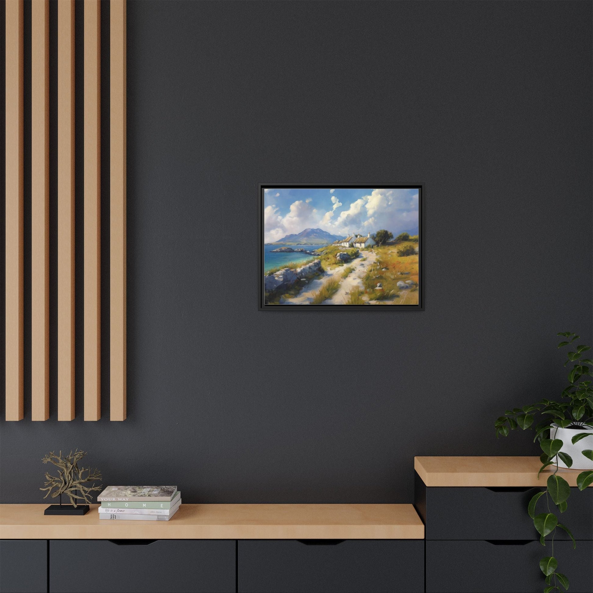 Blustery Day wall art featuring a dramatic wind-swept landscape in a pinewood frame.