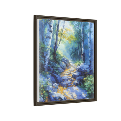 Blue Forest Path II wall art featuring a tranquil forest scene with a serene blue-toned path, printed on high-quality canvas for timeless décor.