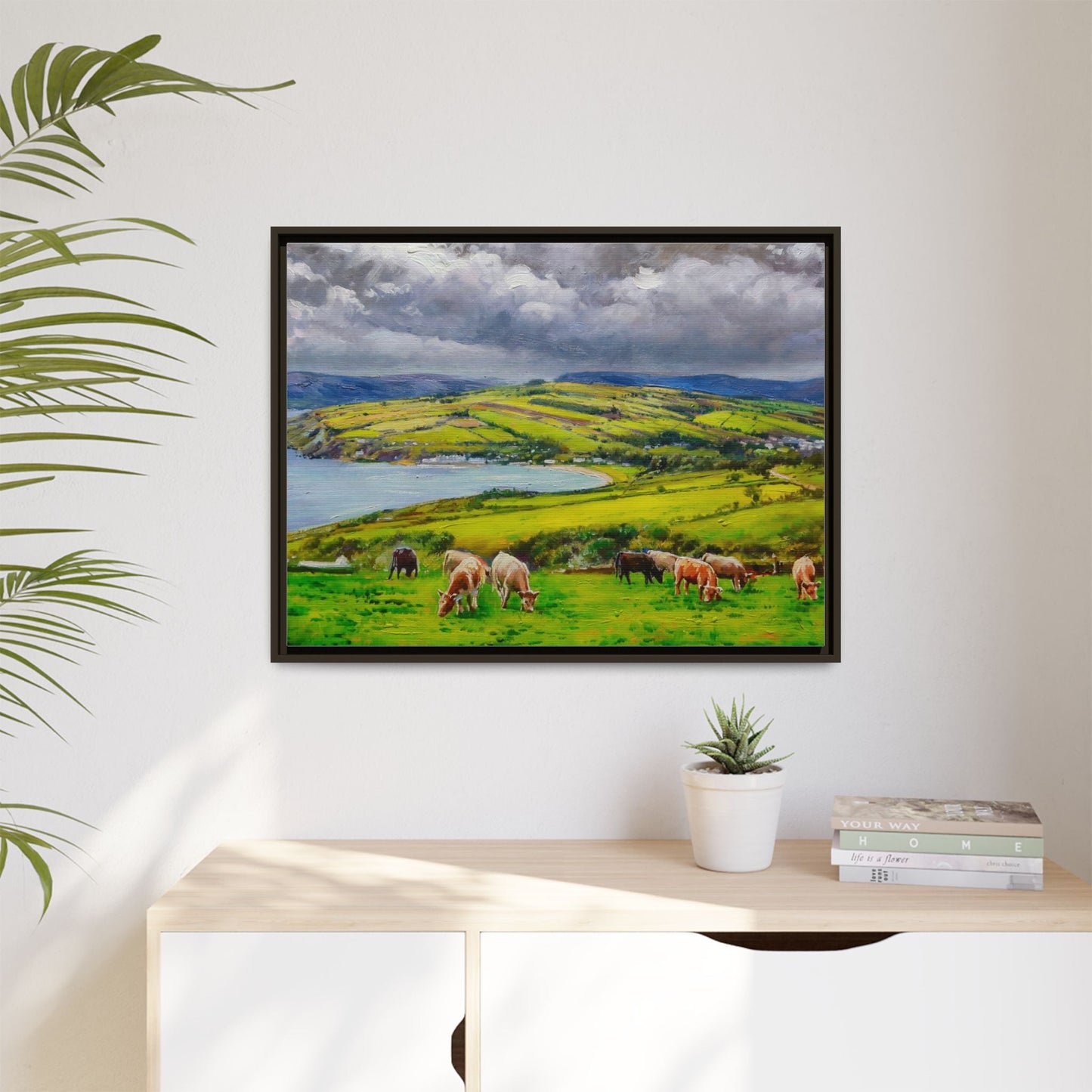 Cushendun Hills wall art showcasing rolling hills and scenic Irish landscapes, framed in high-quality materials for an elegant look.