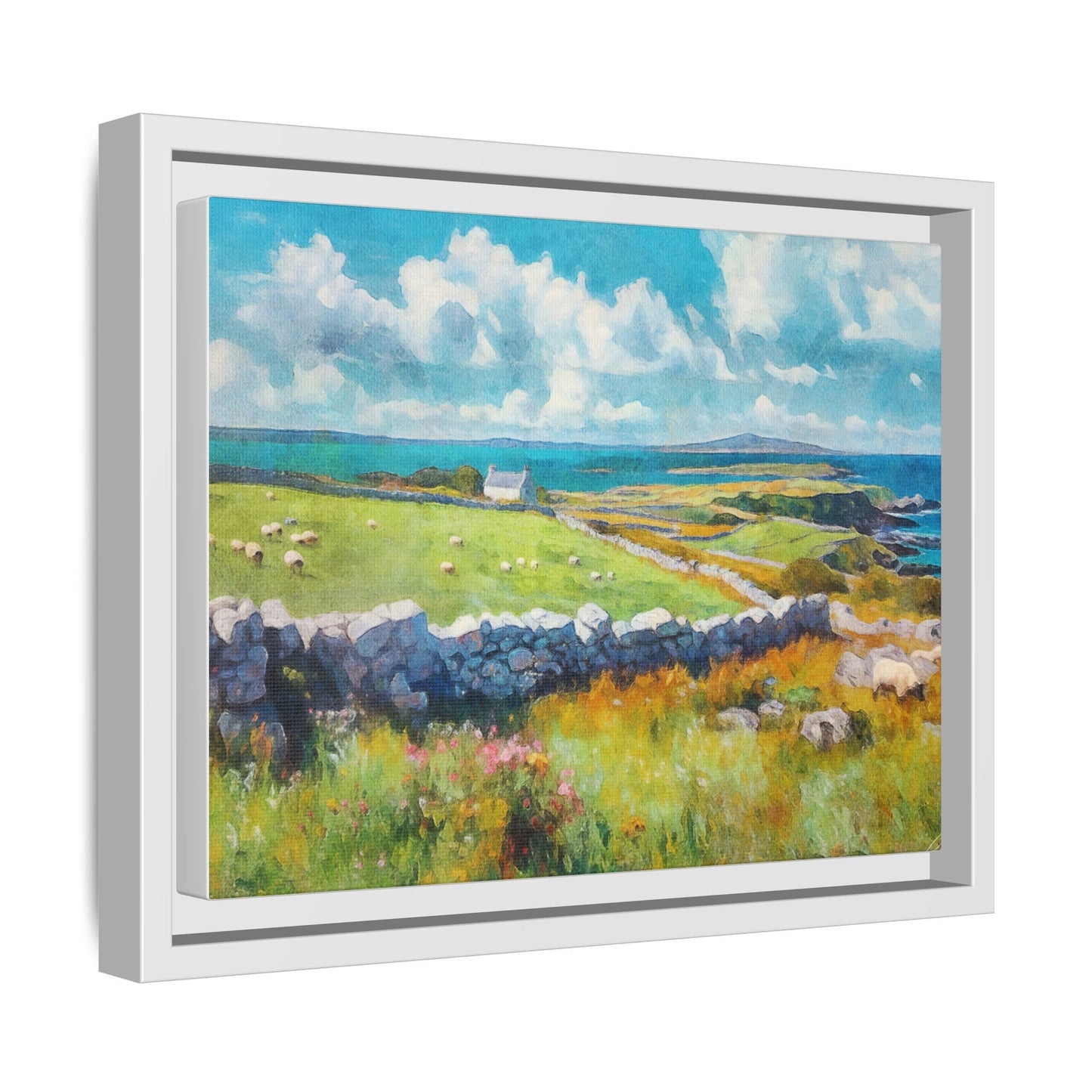 Far Flung Shores W.COL wall art featuring a serene coastal landscape, printed on high-quality canvas with a premium pinewood frame.