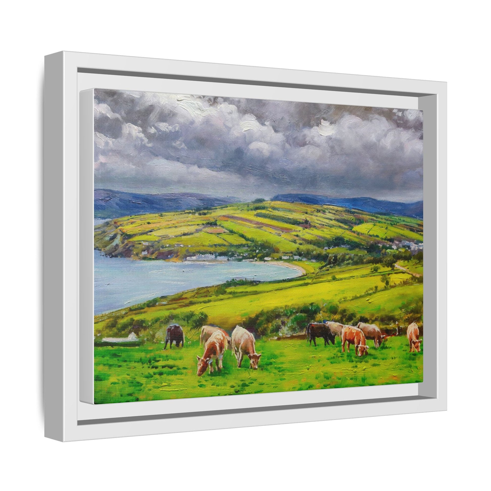 Cushendun Hills wall art showcasing rolling hills and scenic Irish landscapes, framed in high-quality materials for an elegant look.