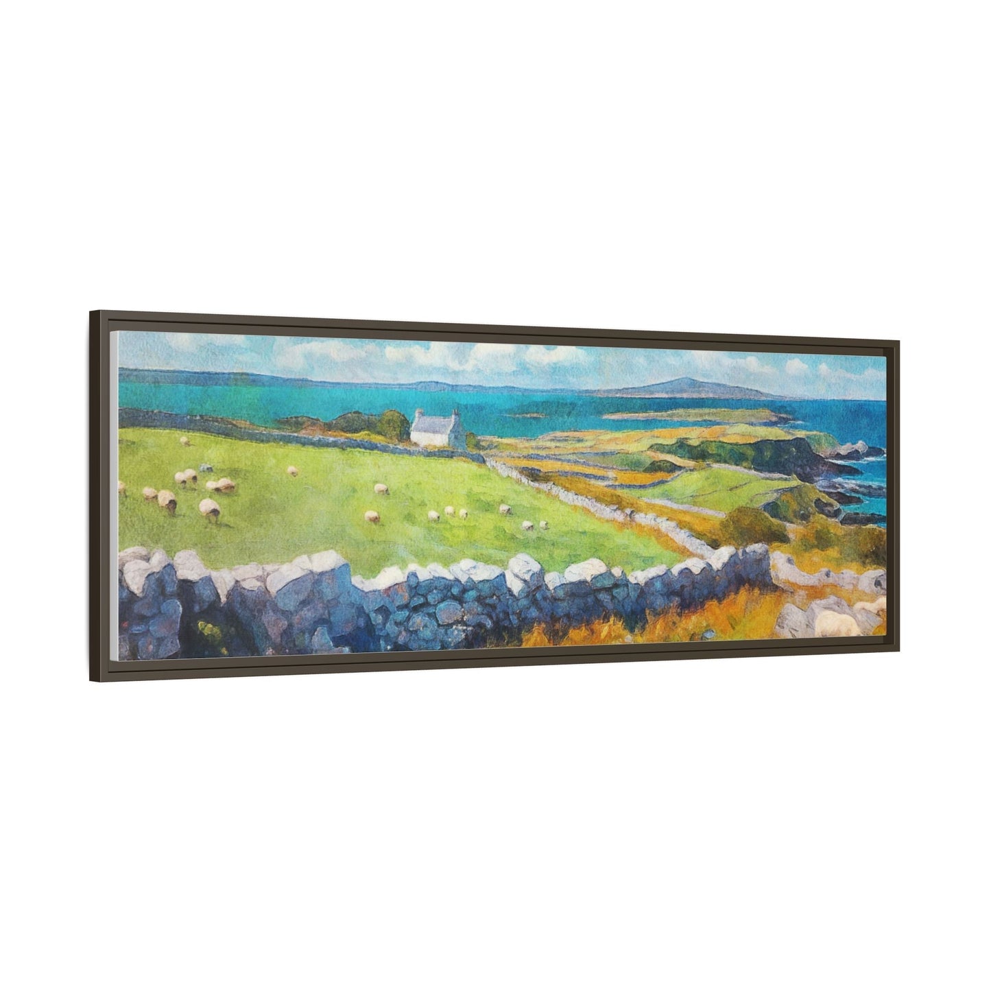 Far Flung Shores W.COL wall art featuring a serene coastal landscape, printed on high-quality canvas with a premium pinewood frame.