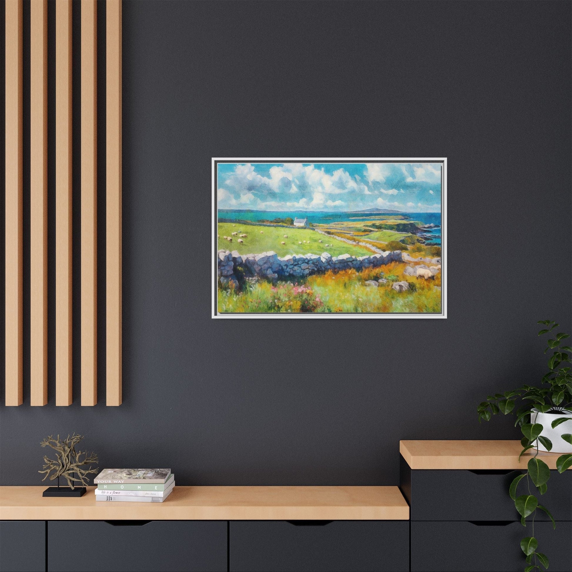 Far Flung Shores W.COL wall art featuring a serene coastal landscape, printed on high-quality canvas with a premium pinewood frame.