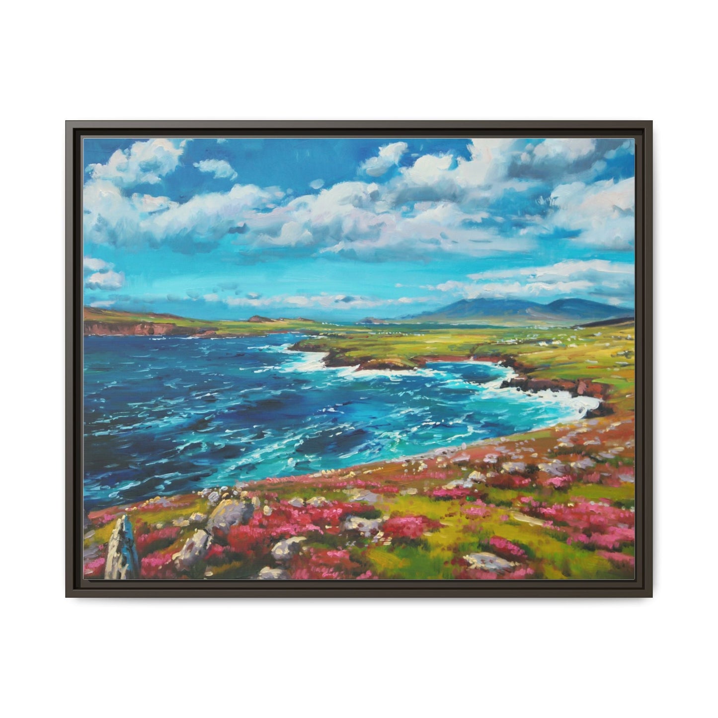 Dingle Peninsula wall art featuring a scenic view of Ireland's rugged coastline, printed on high-quality canvas with a premium frame.