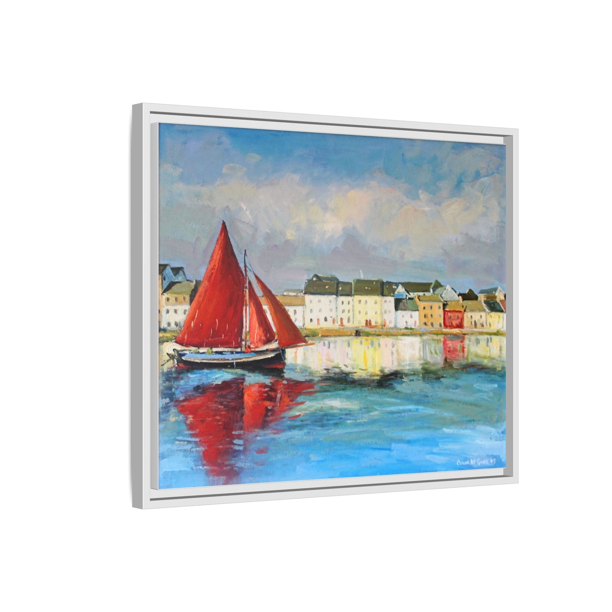 Galway Hooker Leaving Port wall art featuring a Galway Hooker boat sailing in a coastal scene, printed on high-quality canvas with a premium frame.