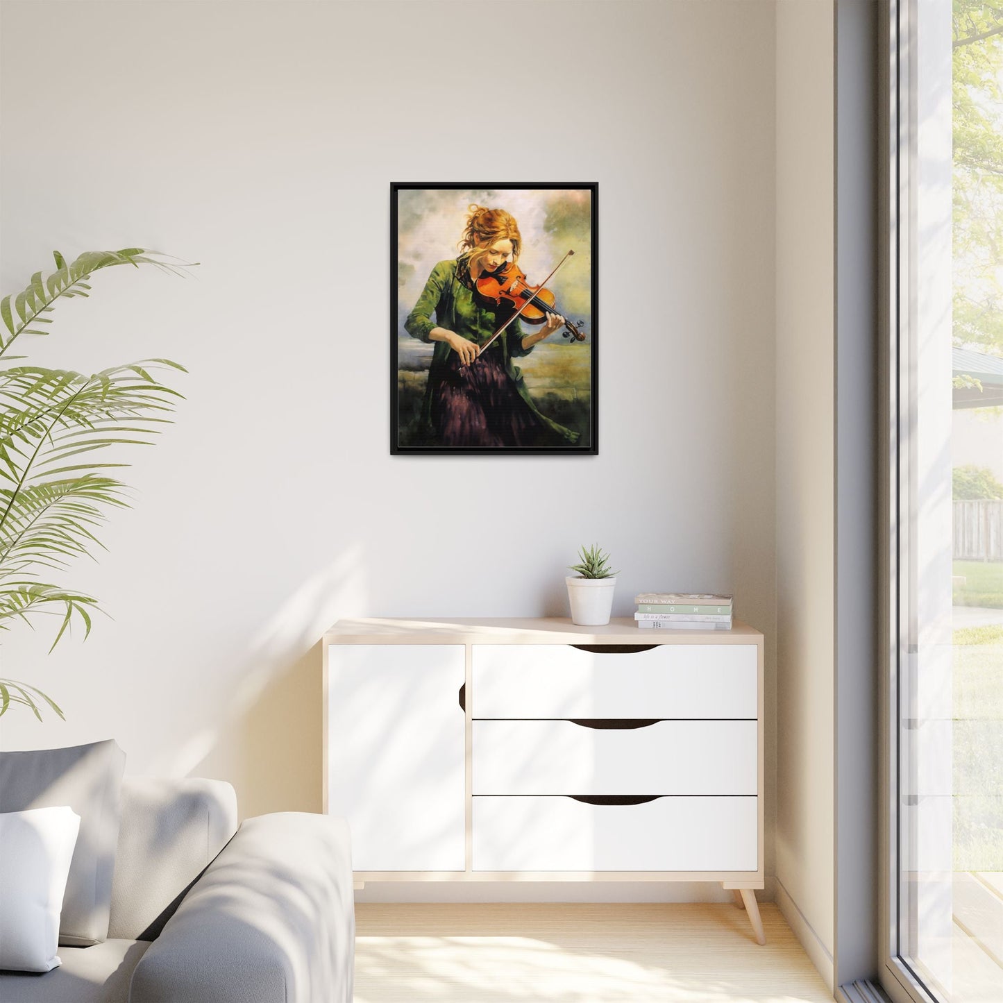 Young Girl with Fiddle wall art featuring a young musician playing the fiddle, printed on high-quality canvas for timeless and elegant décor.