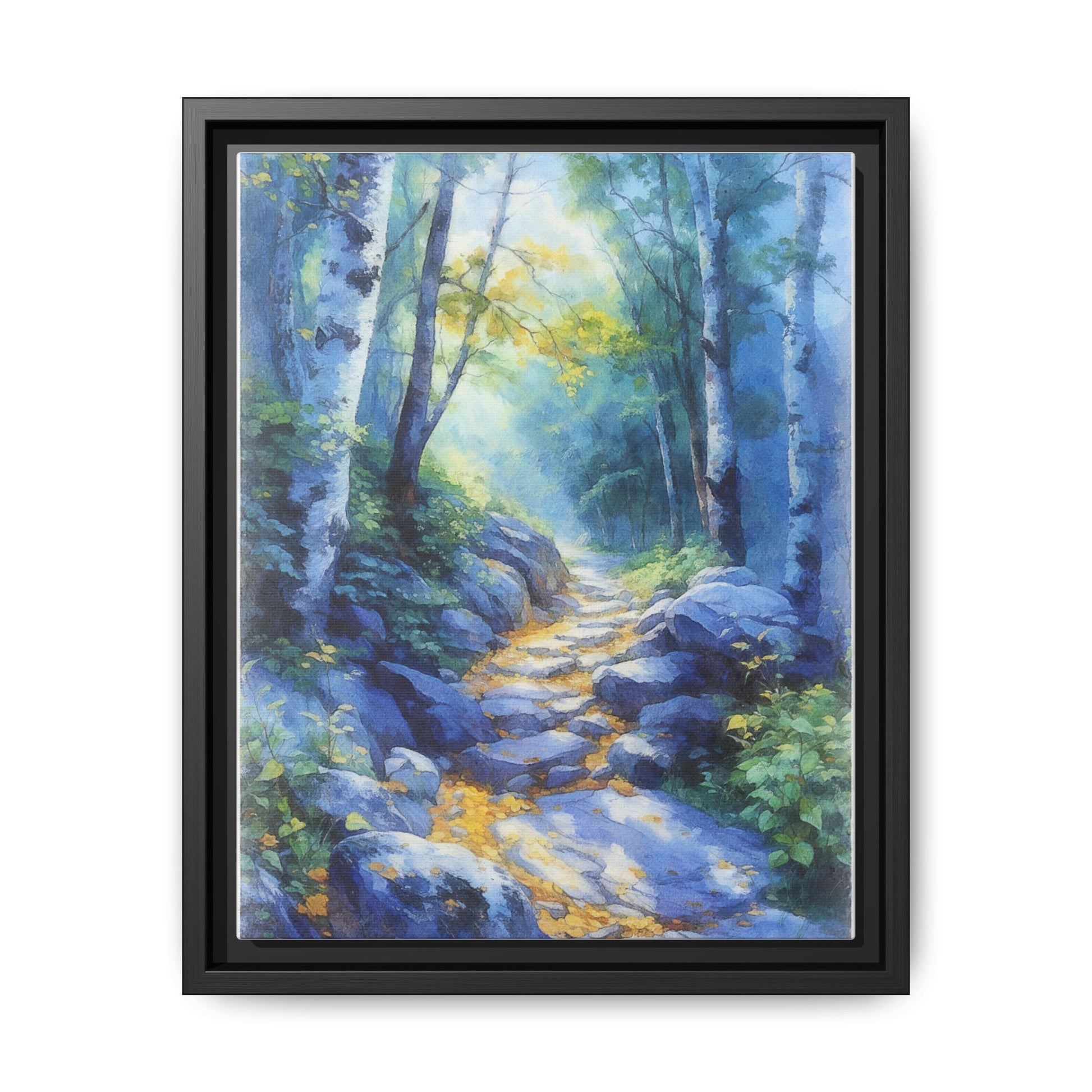 Blue Forest Path II wall art featuring a tranquil forest scene with a serene blue-toned path, printed on high-quality canvas for timeless décor.