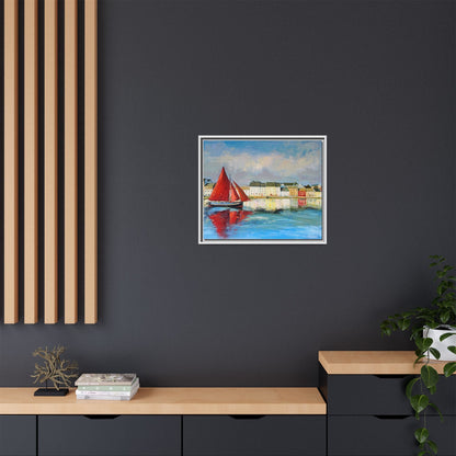 Galway Hooker Leaving Port wall art featuring a Galway Hooker boat sailing in a coastal scene, printed on high-quality canvas with a premium frame.