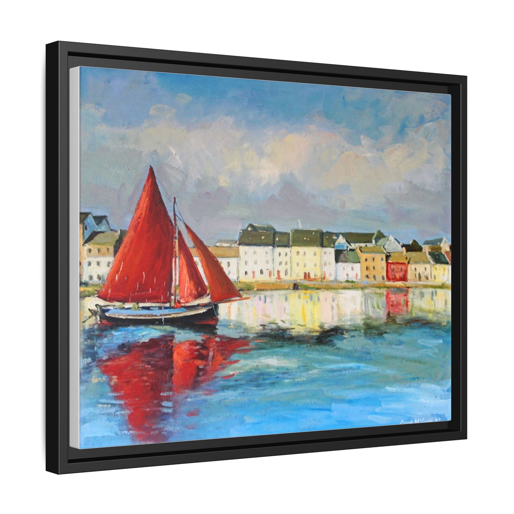 Galway Hooker Leaving Port wall art featuring a Galway Hooker boat sailing in a coastal scene, printed on high-quality canvas with a premium frame.