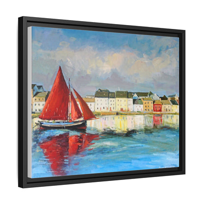 Galway Hooker Leaving Port wall art featuring a Galway Hooker boat sailing in a coastal scene, printed on high-quality canvas with a premium frame.