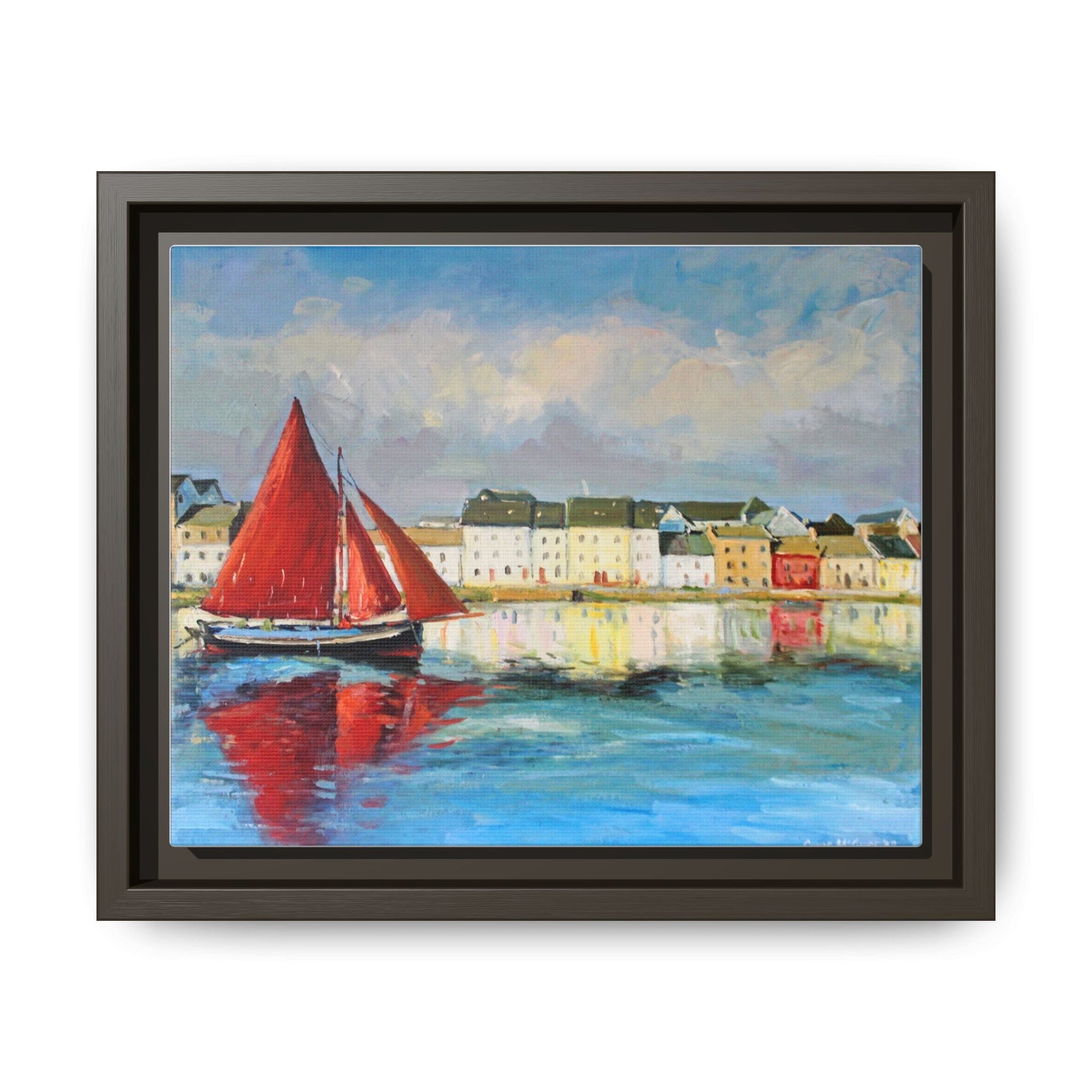 Galway Hooker Leaving Port wall art featuring a Galway Hooker boat sailing in a coastal scene, printed on high-quality canvas with a premium frame.