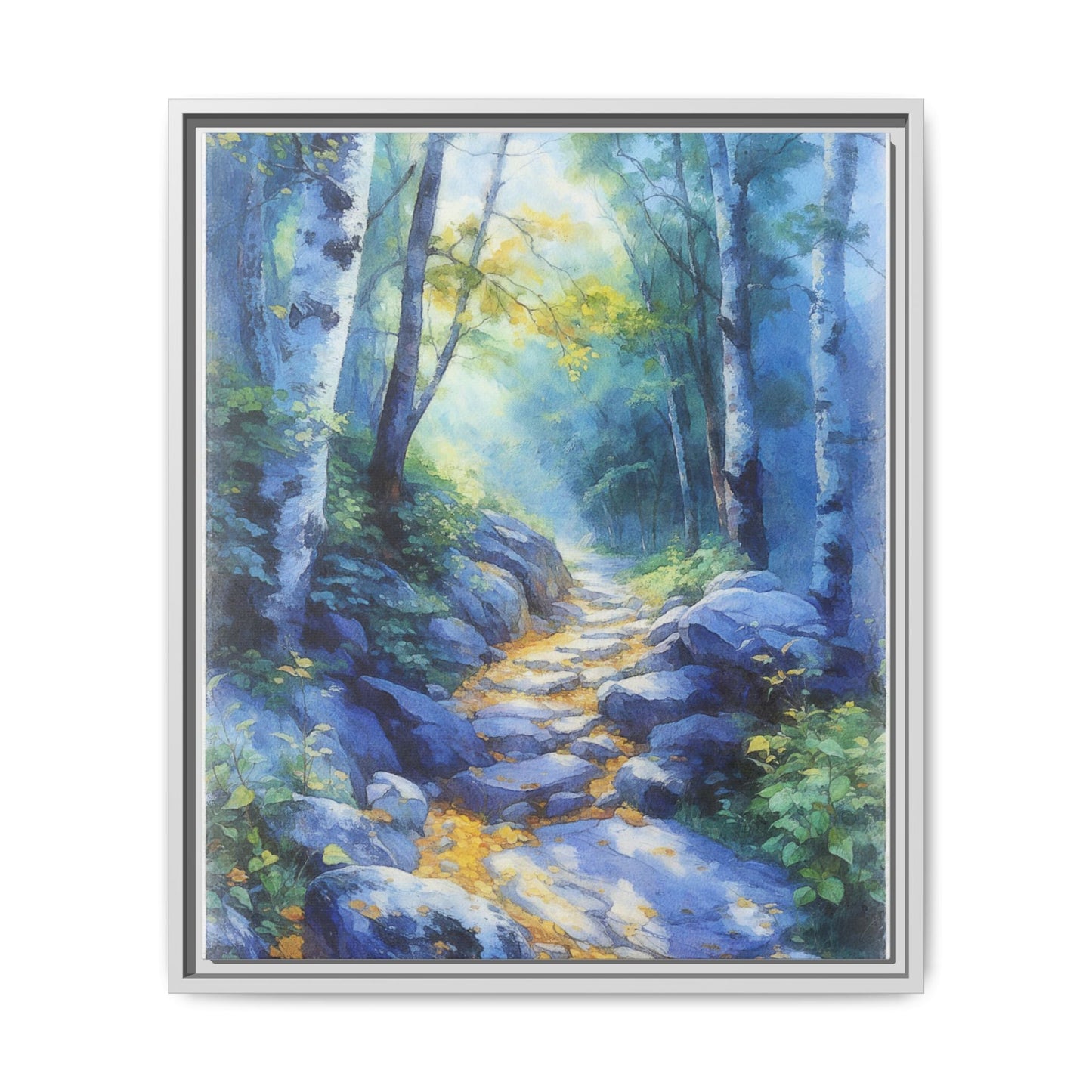 Blue Forest Path II wall art featuring a tranquil forest scene with a serene blue-toned path, printed on high-quality canvas for timeless décor.