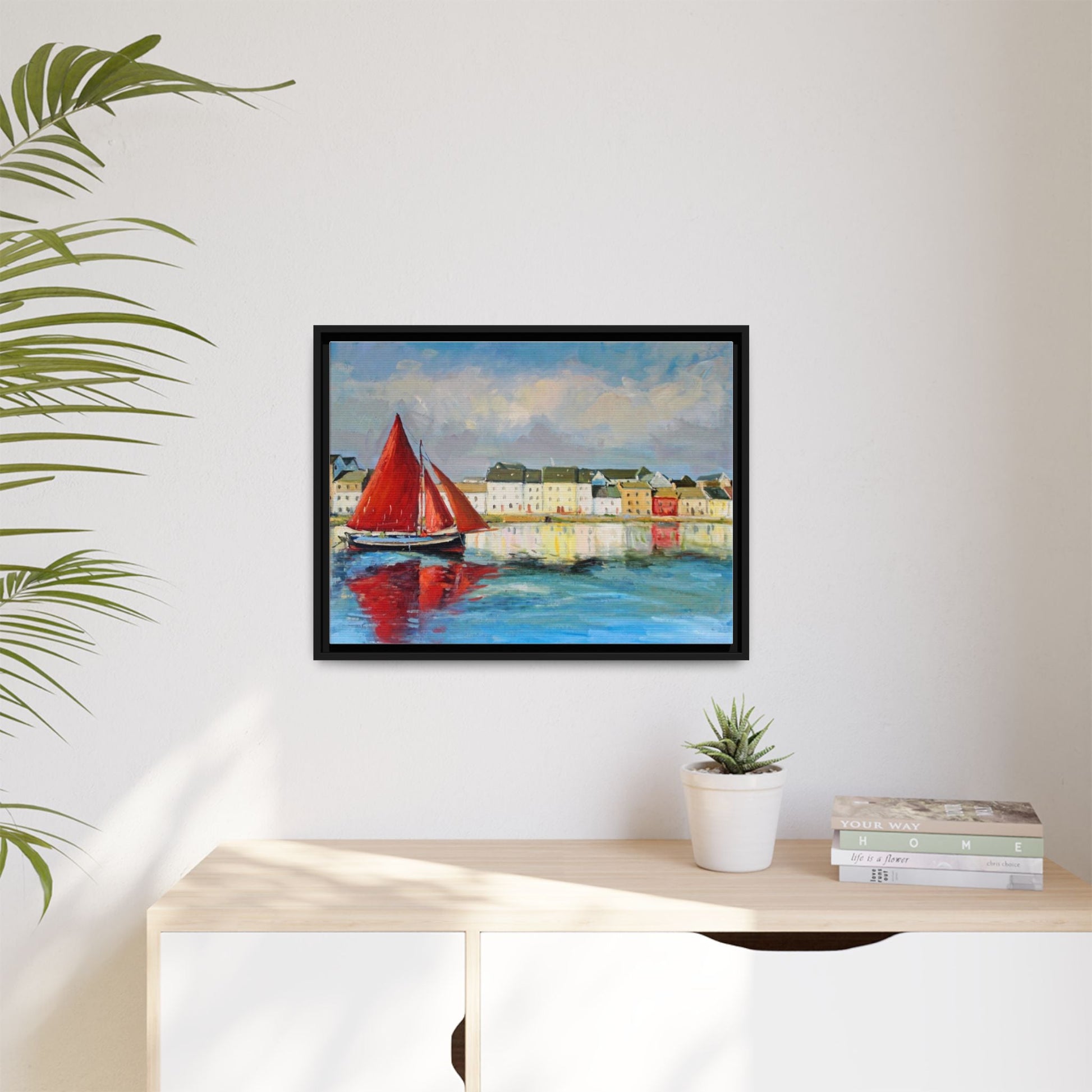 Galway Hooker Leaving Port wall art featuring a Galway Hooker boat sailing in a coastal scene, printed on high-quality canvas with a premium frame.