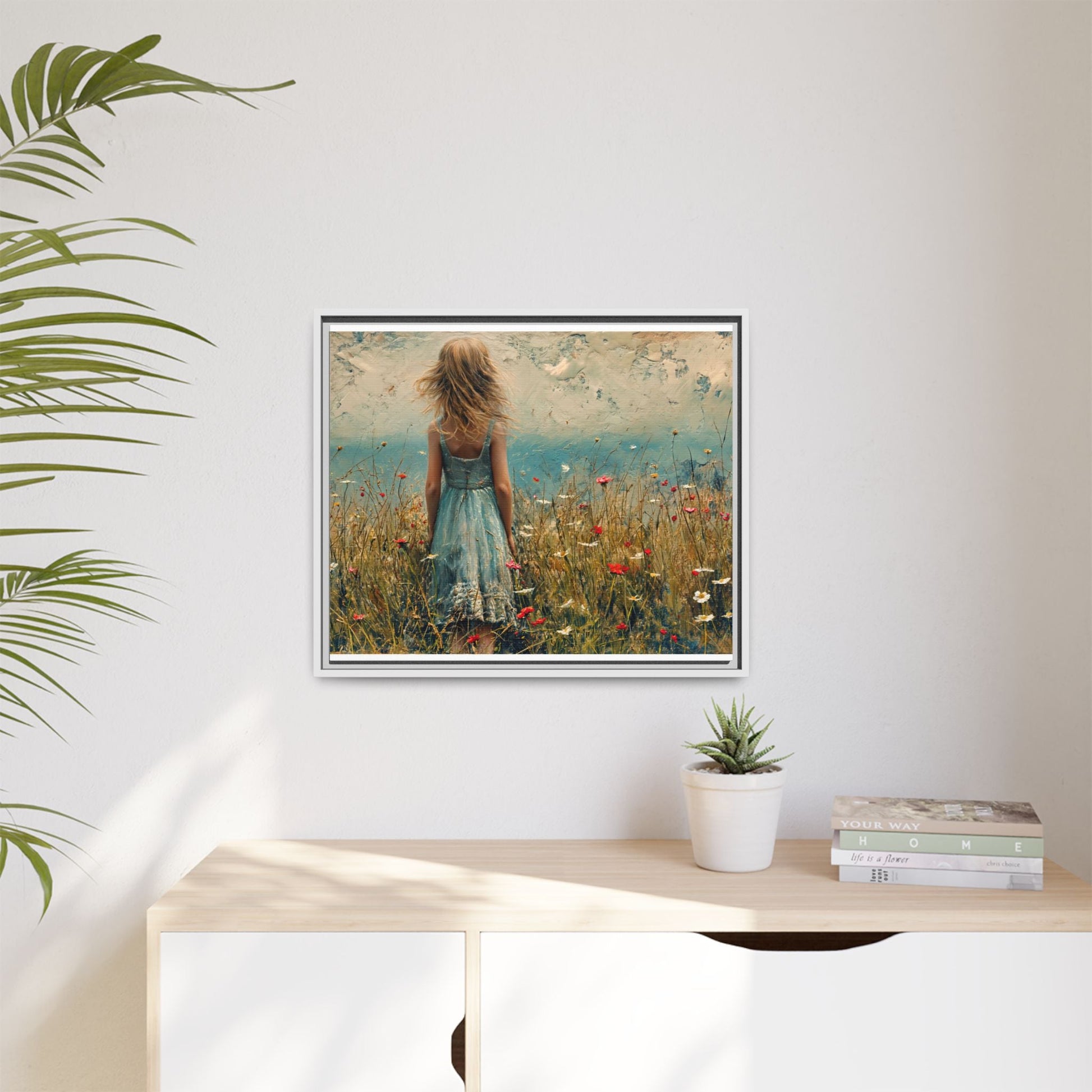 Young Girl Looking Out To Sea wall art, featuring a peaceful ocean view and a young girl in contemplation, printed on high-quality canvas for timeless décor.