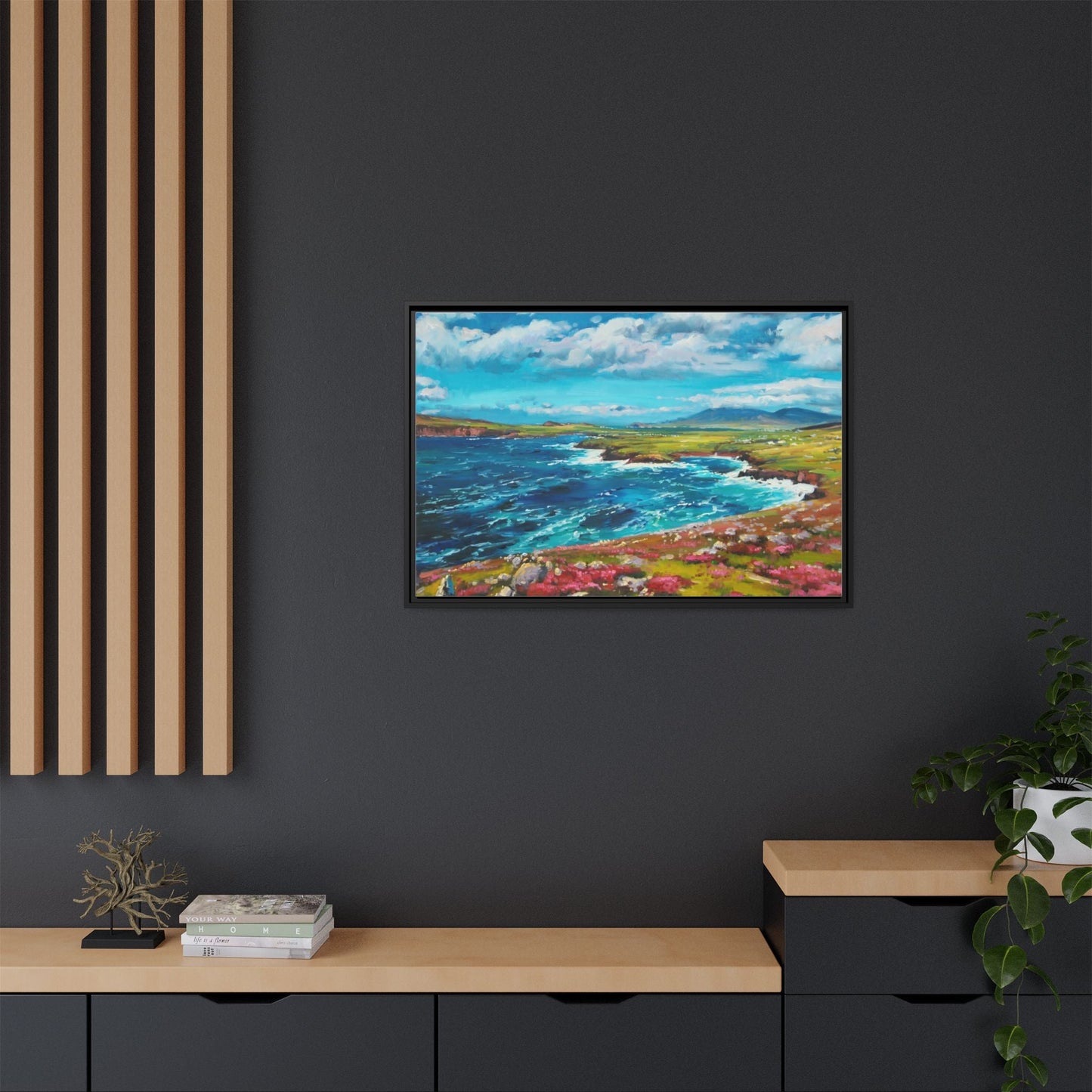 Dingle Peninsula wall art featuring a scenic view of Ireland's rugged coastline, printed on high-quality canvas with a premium frame.