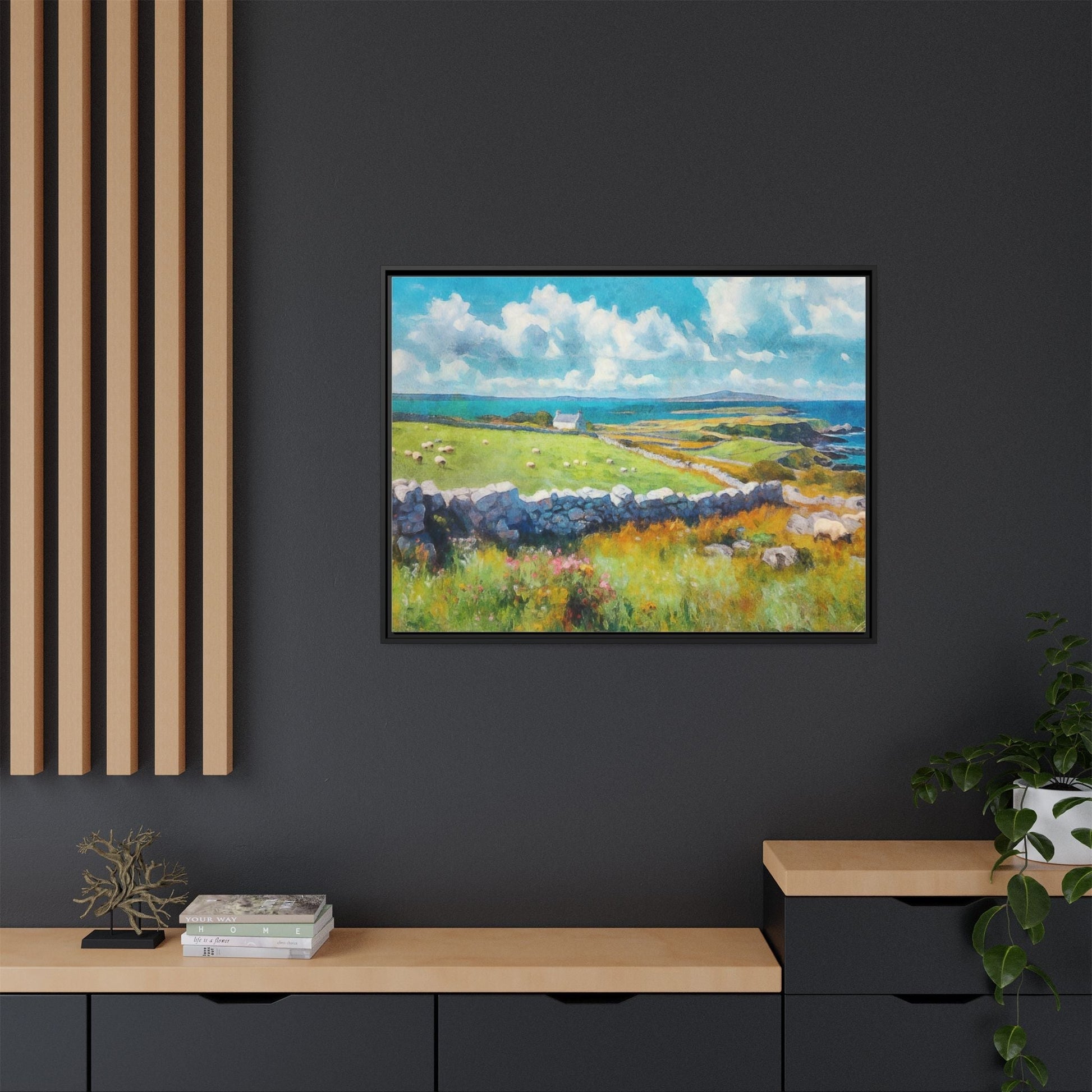 Far Flung Shores W.COL wall art featuring a serene coastal landscape, printed on high-quality canvas with a premium pinewood frame.