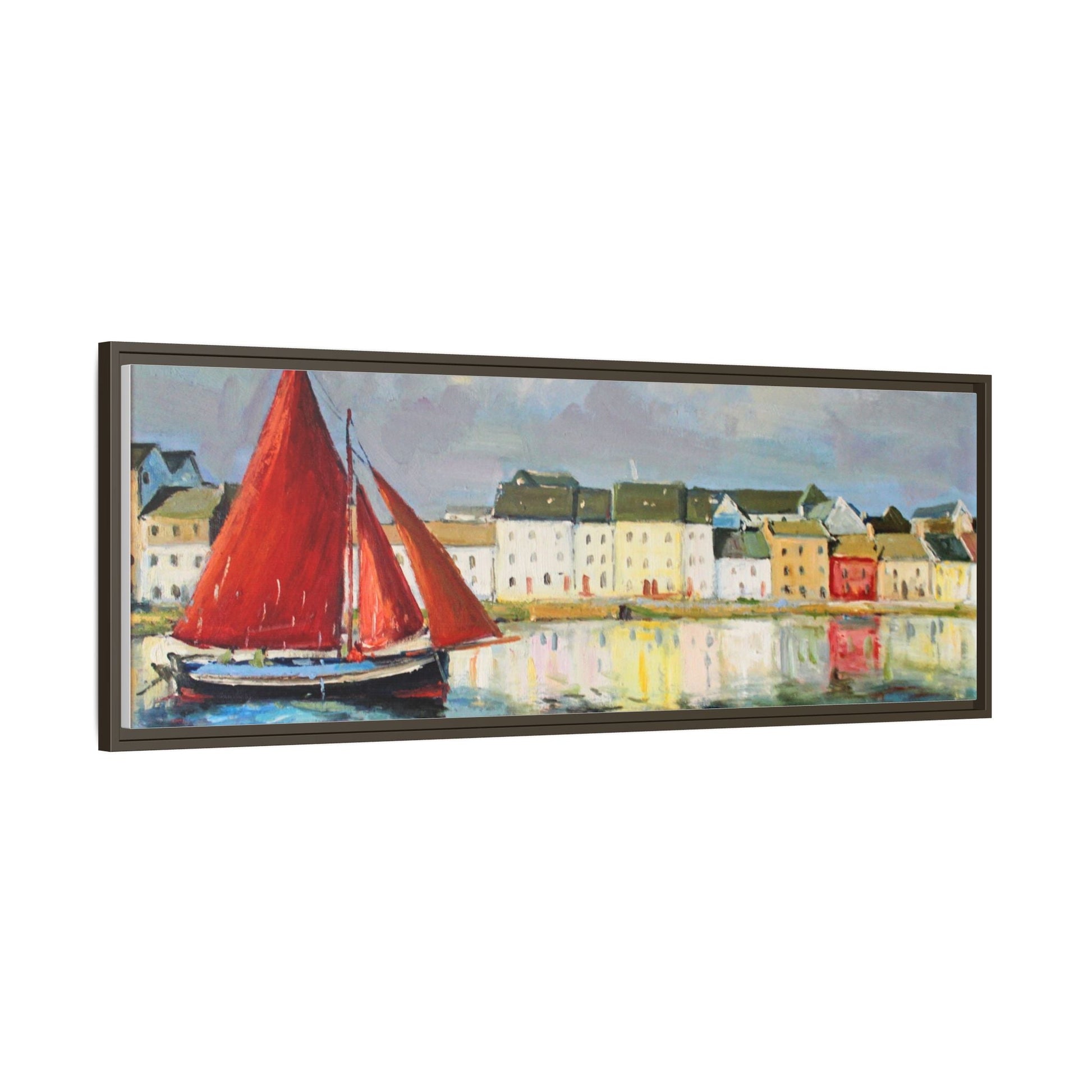 Galway Hooker Leaving Port wall art featuring a Galway Hooker boat sailing in a coastal scene, printed on high-quality canvas with a premium frame.