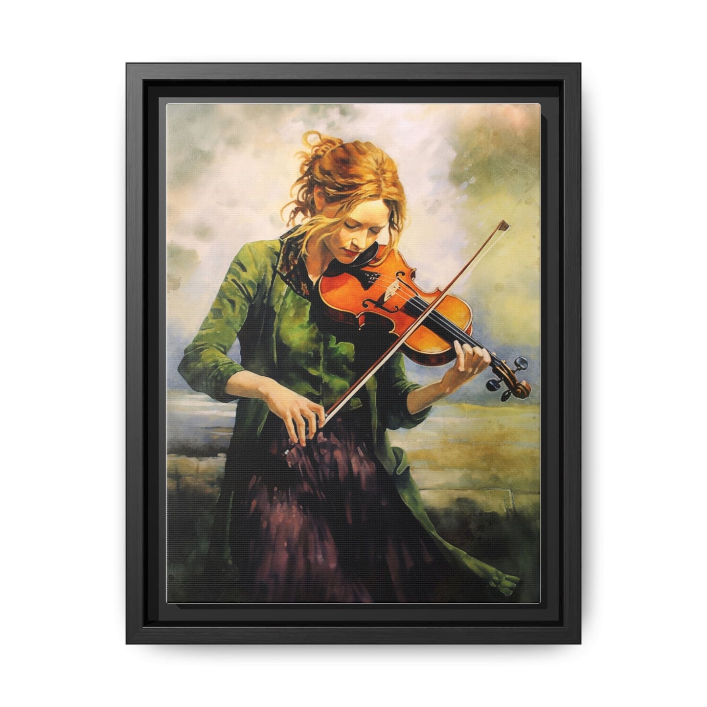 Young Girl with Fiddle wall art featuring a young musician playing the fiddle, printed on high-quality canvas for timeless and elegant décor.