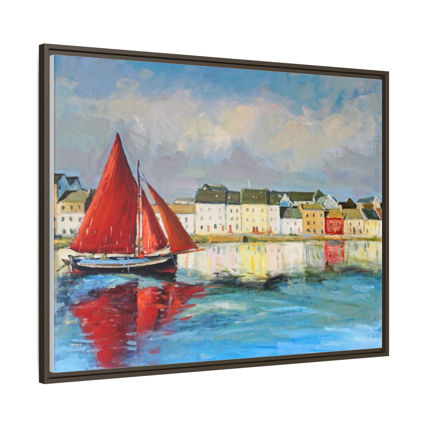 Galway Hooker Leaving Port wall art featuring a Galway Hooker boat sailing in a coastal scene, printed on high-quality canvas with a premium frame.