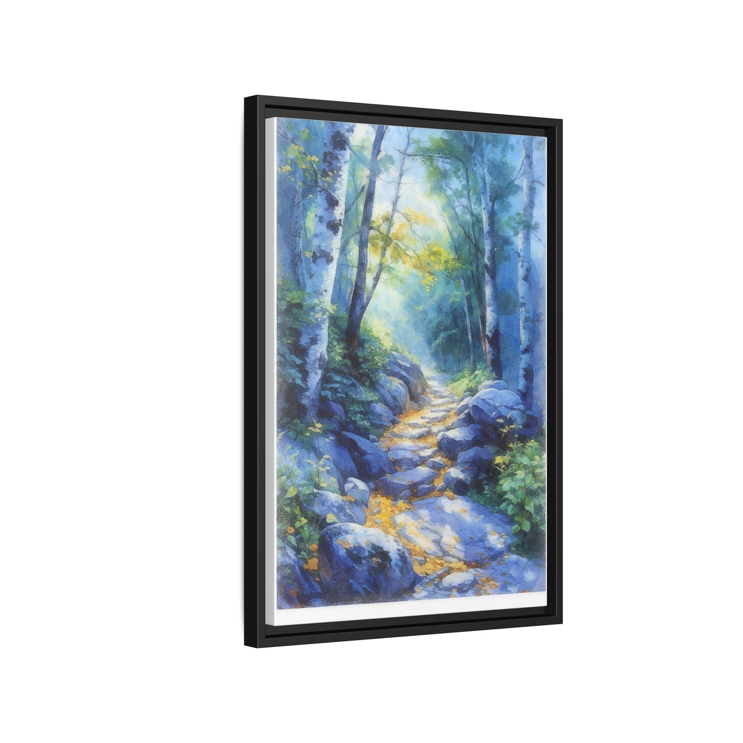 Blue Forest Path II wall art featuring a tranquil forest scene with a serene blue-toned path, printed on high-quality canvas for timeless décor.