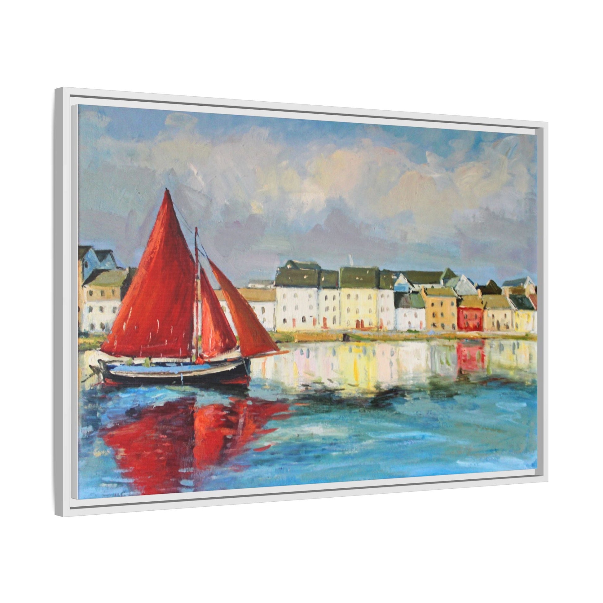 Galway Hooker Leaving Port wall art featuring a Galway Hooker boat sailing in a coastal scene, printed on high-quality canvas with a premium frame.