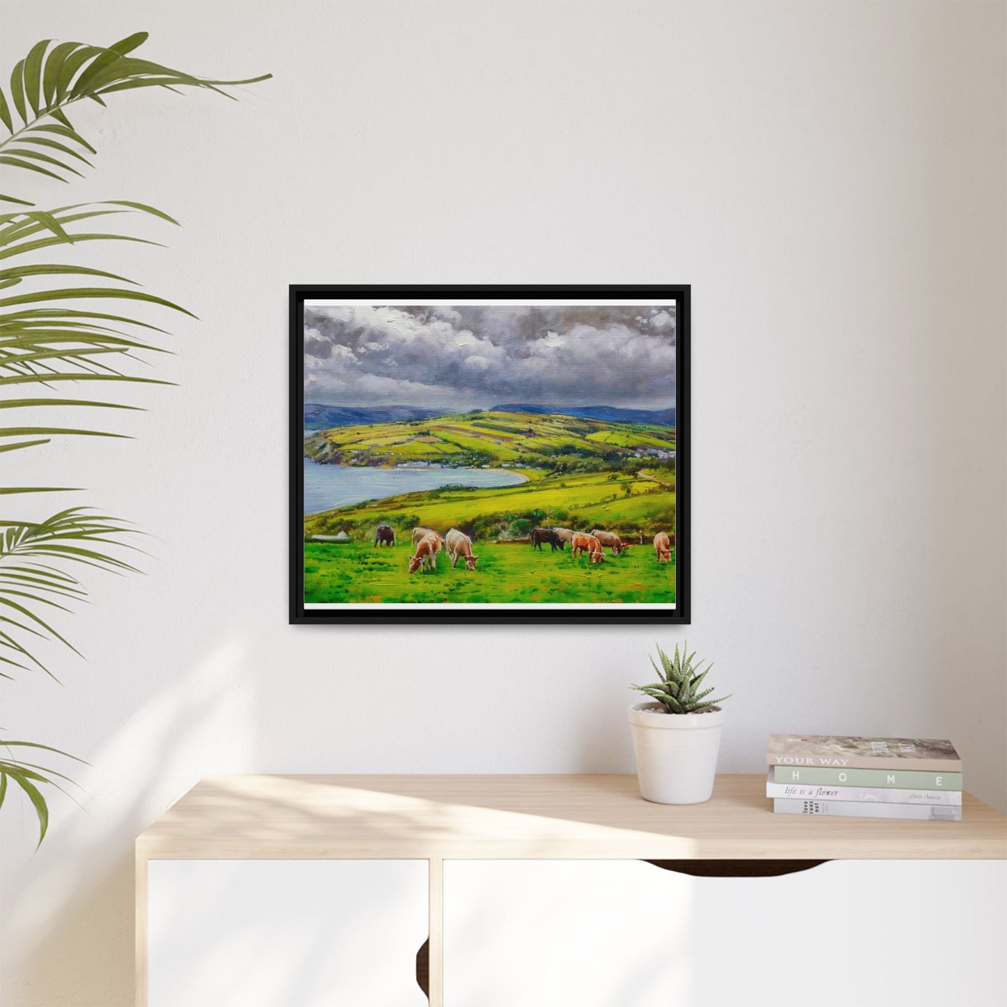 Cushendon Hills wall art showcasing rolling hills and scenic Irish landscapes, framed in high-quality materials for an elegant look.