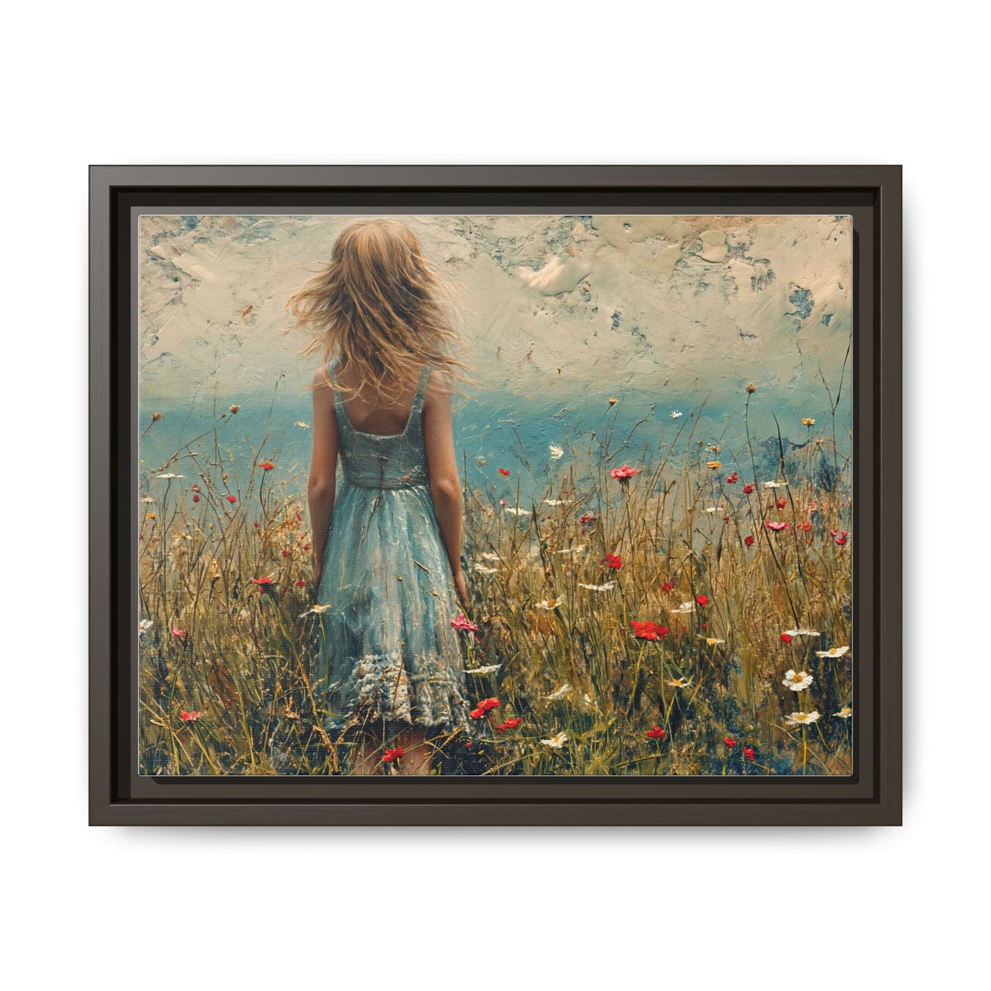 Young Girl Looking Out To Sea wall art, featuring a peaceful ocean view and a young girl in contemplation, printed on high-quality canvas for timeless décor.